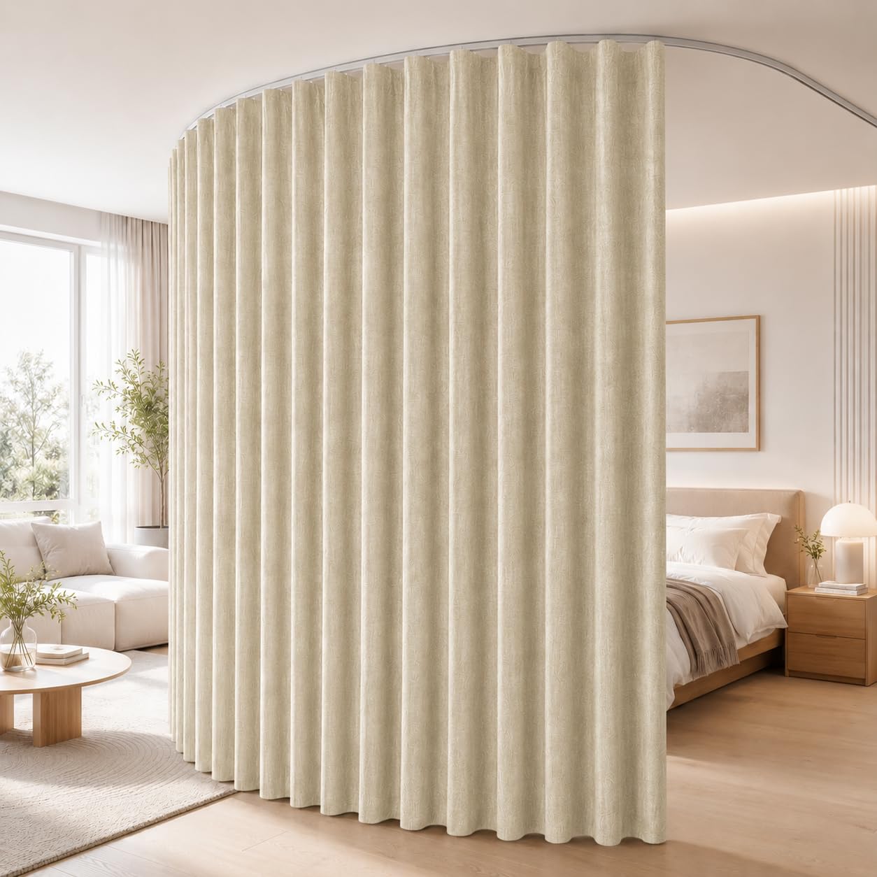 100% Occultant 264 cm Extra Large Rideau Séparateur de Pièce avec Rail | Effet Lin Rideaux Occultants Thermique, Kit Complet avec Rail Cintrable, Isolation Phonique pour Salon, Chambre, H274cm Kaki
