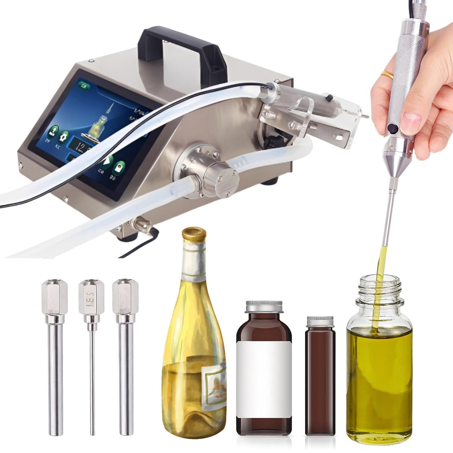 Automatyczna maszyna do napełniania płynów, mały napełniacz do butelek z dyszą igłową i sterowaniem LCD, regulacja 1-100 ml do olejków eterycznych, perfum, użytku laboratoryjnego