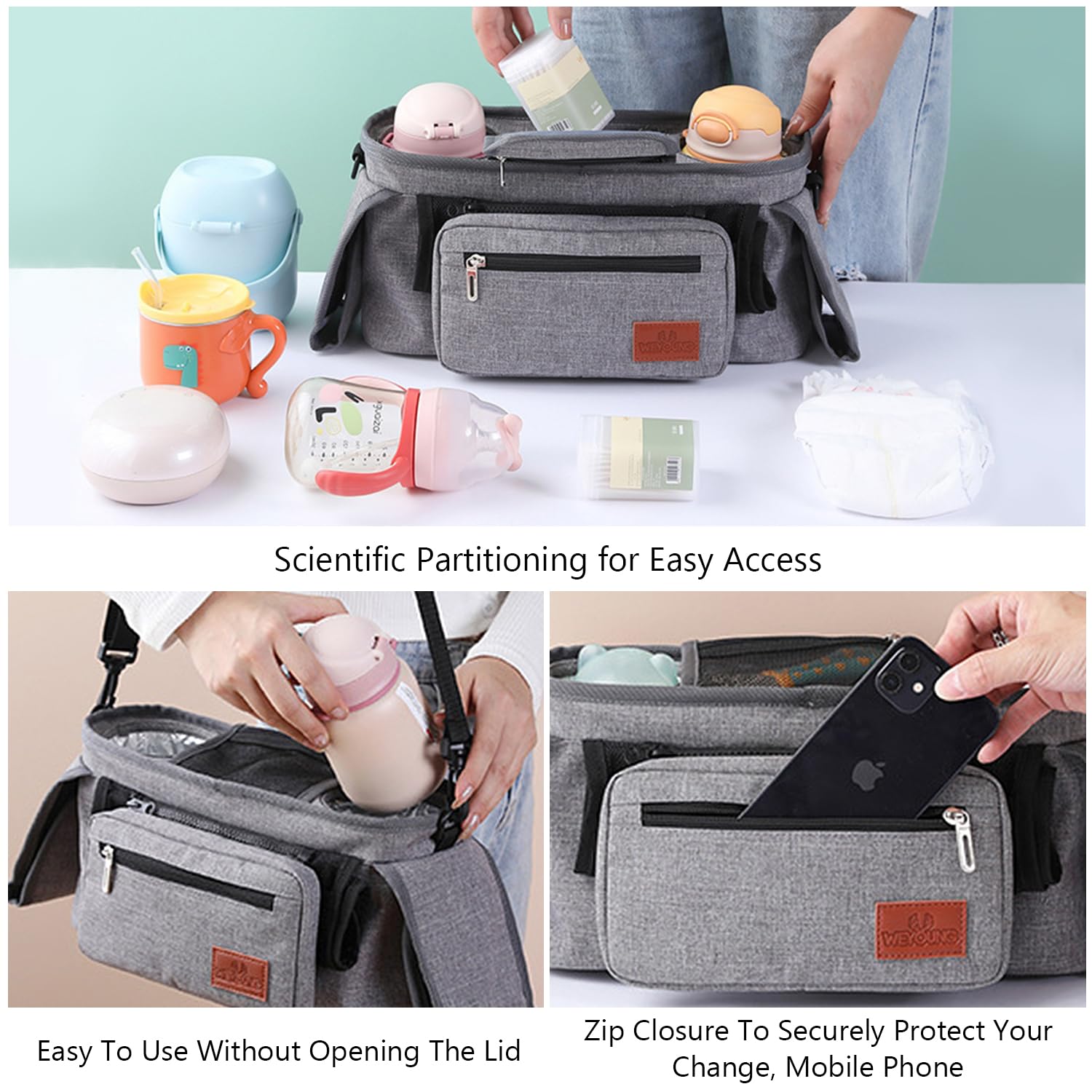 Organizer per Passeggino, Borsa Per Passeggino, Pram Bag Organizer Multifunzione Carrozzina Buggy Storage Bag Con Borsetta Staccabile, 2 Portabicchieri e Tracolla Organizer per Passeggino, Grigio