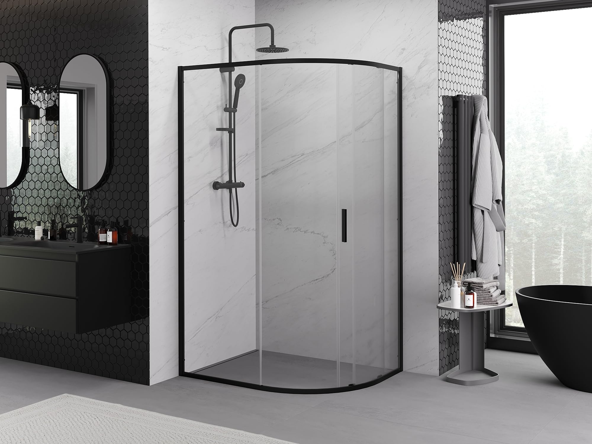Mexen - Exo Box doccia semicircolare asimmetrico allungabile 120 x 90 cm, trasparente, nero