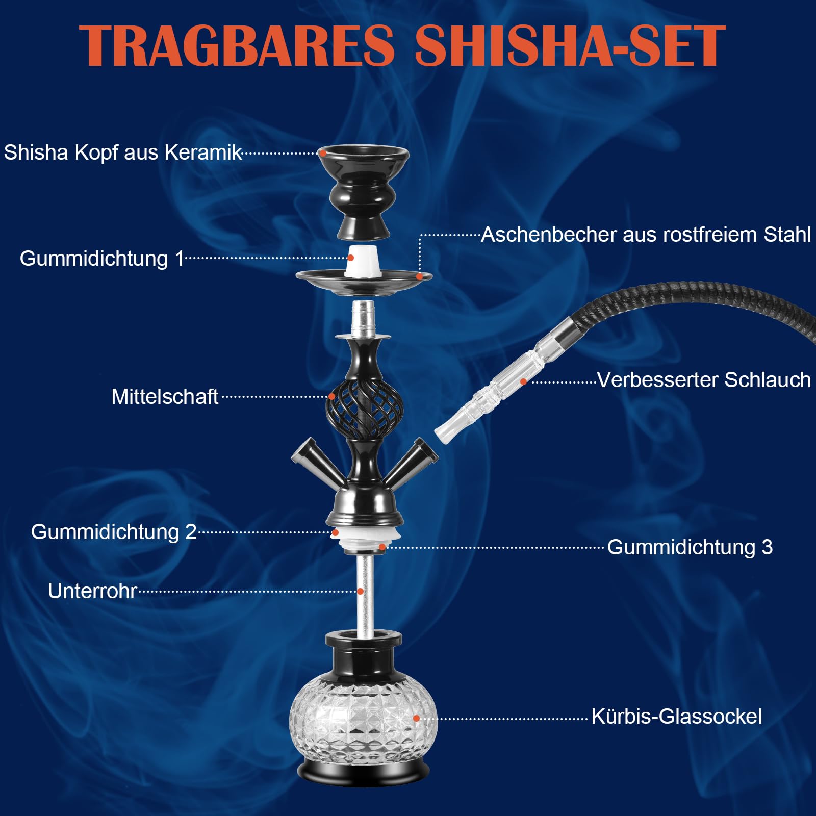 Shisha Wasserpfeife Set, 12 Zoll, Schwarz, mit 2 Schläuchen, Kristallglas-Vase, 50 Folien, 20 Mundstücken und Zange