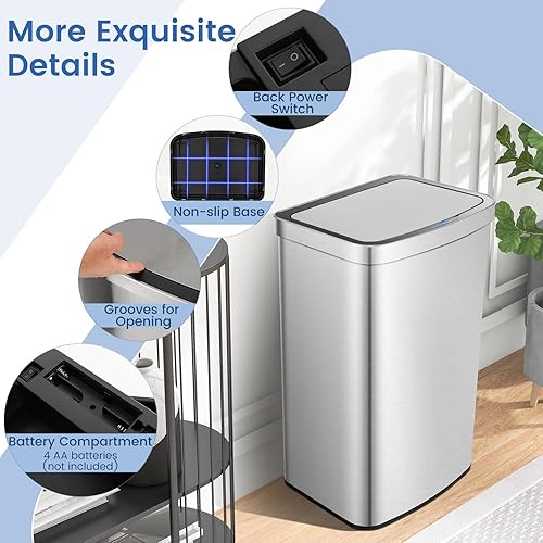 Miniatura 4 de S AFSTAR Bote de basura automático de acero inoxidable de 13 galones con tapa de cierre rápido y suave, compartimento desodorizante, cubo de basura
