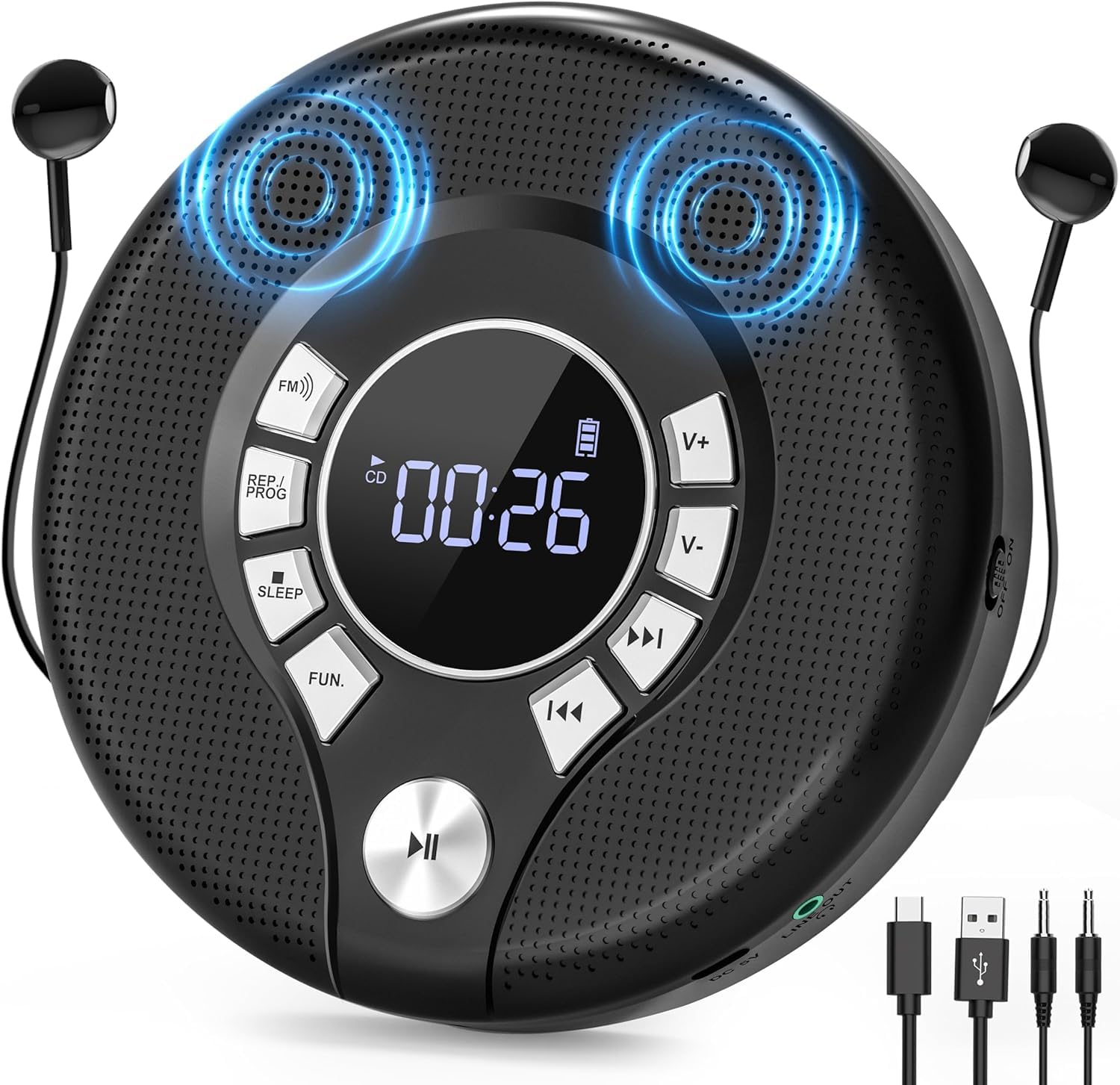 Greadio Discman - Lettore CD Bluetooth portatile con cuffie, lettore CD con anti-skip/antiurto e ricaricabile da 2000 mAh, trasmettitore FM compatibile, USB, uscita AUX, doppio altoparlante HiFi per
