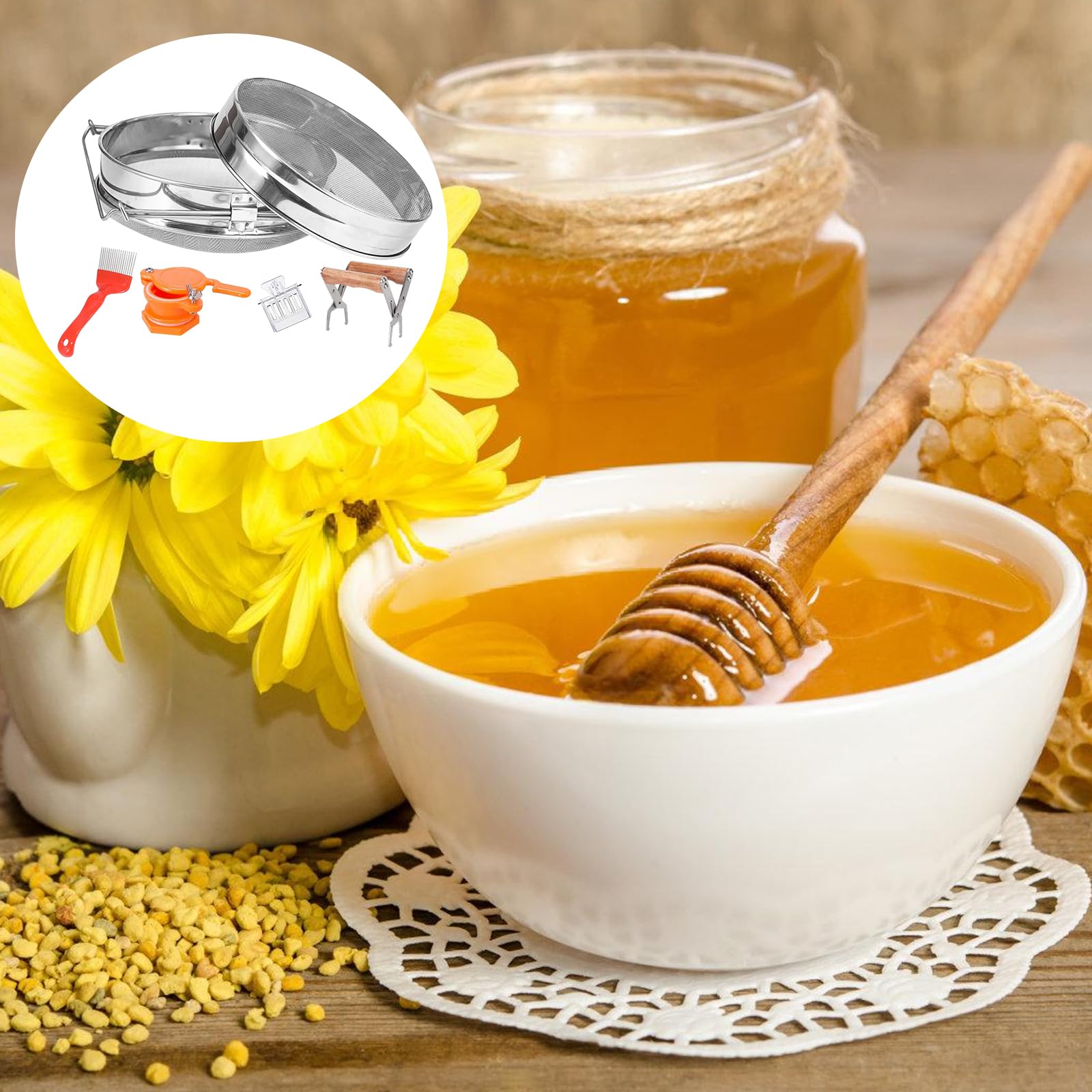 Tamis à miel en acier inoxydable, ensemble double tamis 5 pièces, accessoires pour apiculteur, équipement d'élevage d'abeilles, outil pour apiculteur, pince, fourchette pour décapsulage