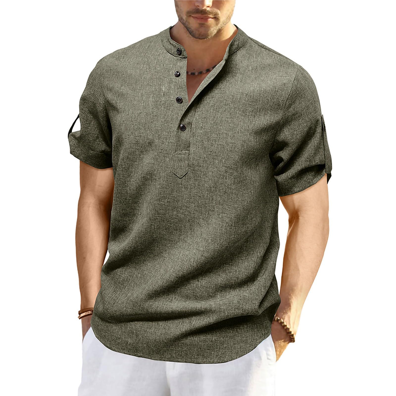 Henley Shirt Herren Kurzarm Tshirt Business Einfarbige T-Shirt Arbeit Button Kurzarmshirt Mit Stehkragen Herren-T-Shirt Freizeit Atmungsaktive Sommershirt Leicht Und Luftig Armeegrün XXL