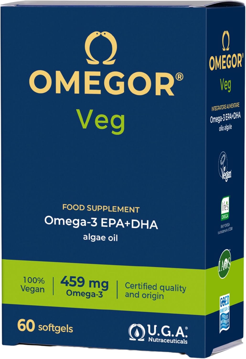 Omega 3 Vegan OMEGOR Veg - Omega3 Vegetale IFOS 5 Stelle e Vegan Society da Olio di Alghe con Vitamina E - 250mg DHA e 125mg EPA (60 Capsule)