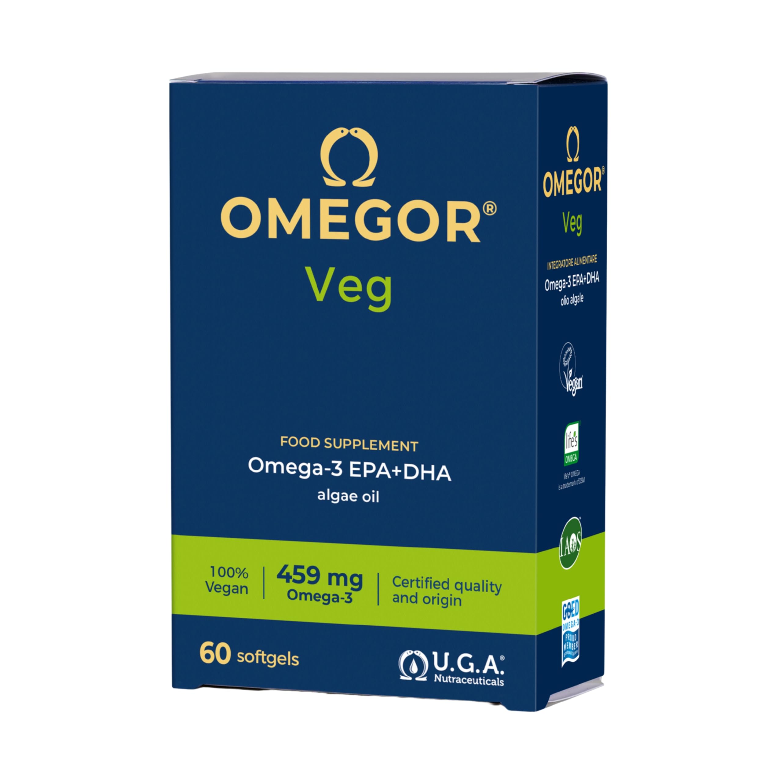 Omega 3 Vegan OMEGOR Veg - Omega3 Vegetale IFOS 5 Stelle e Vegan Society da Olio di Alghe con Vitamina E - 250mg DHA e 125mg EPA (60 Capsule)