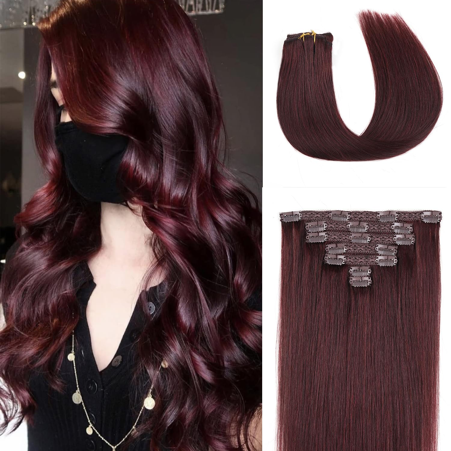 12Inch Clip In Hair Extensions Burgundy Human Hair Seamless Clip in Hair Extensions Real Human Hair Sliky Straight 70G 7Pcs #99J Wine Red Human Hair Clip in Extensions
