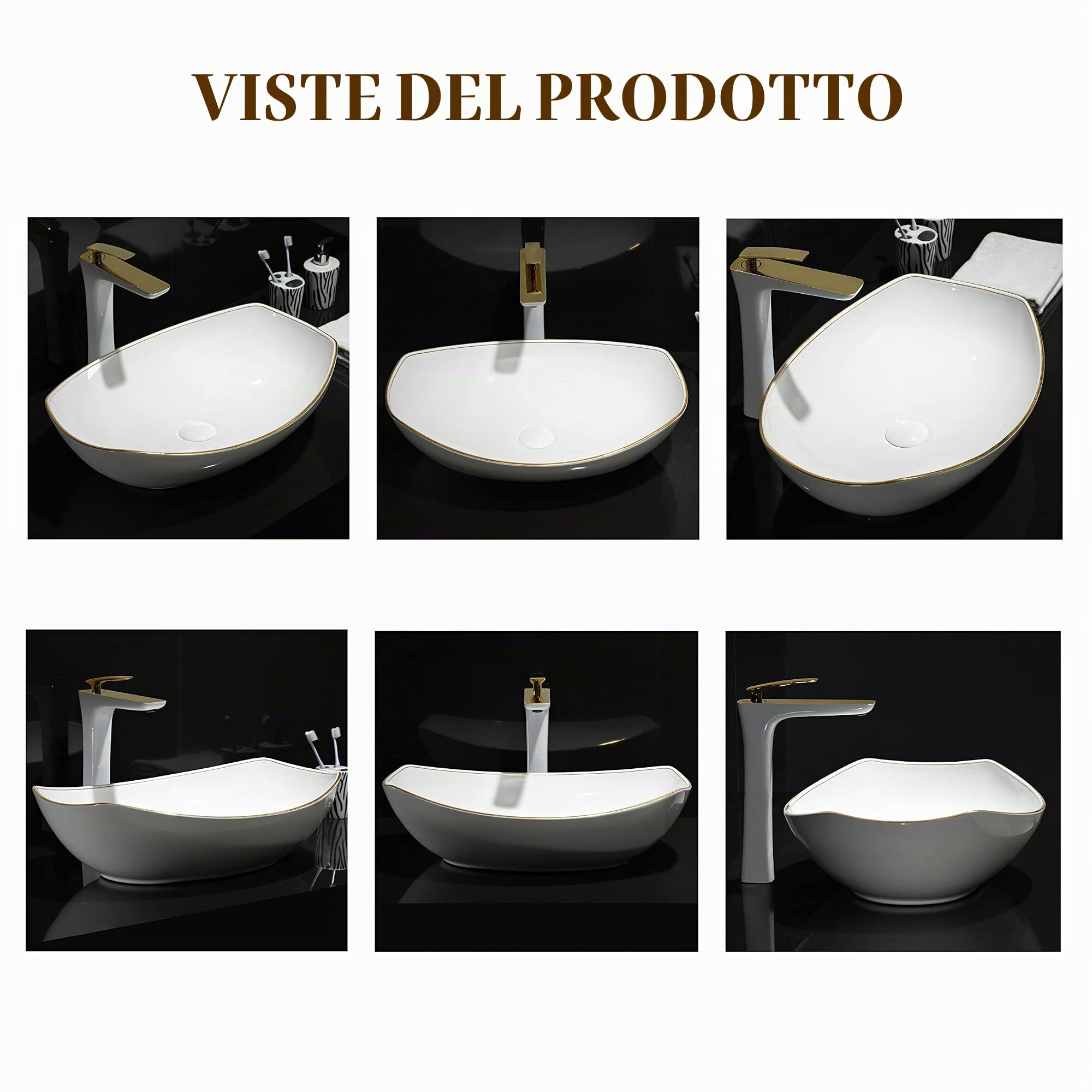MEJE 56 x 40 CM Lavabo da appoggio ovale con bordo in oro di lusso Lavabo da appoggio in ceramica in porcellana Lavabo artistico