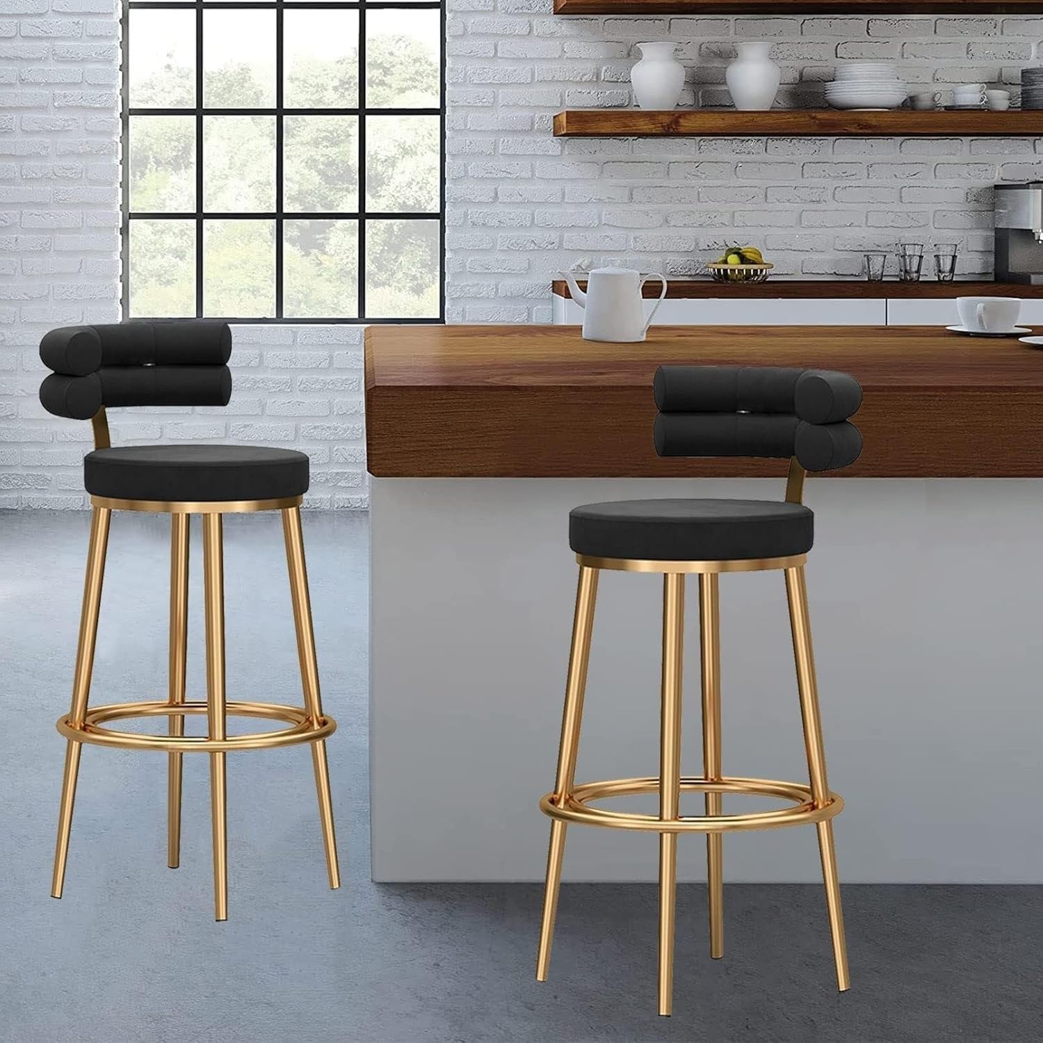 Taburete de Bar de Altura de mostrador, Moderno, con Respaldo de Terciopelo y Estructura de Metal Dorado (1 Unidad).