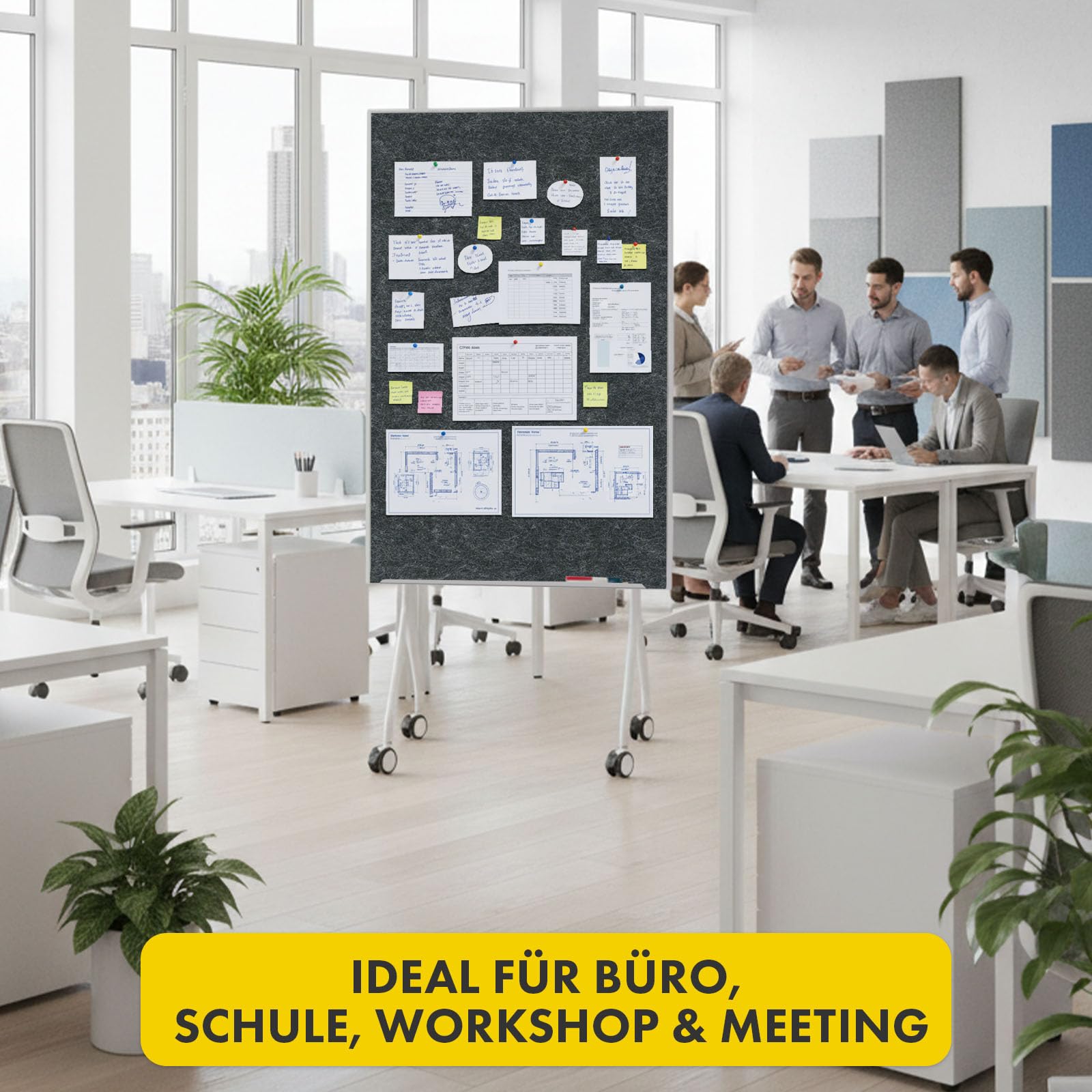 OfficeMarshal Moderationwand Doppelseitig 80 x 120 cm Präsentationstafel mit feststellbaren Rollen - Filztafel Pinnwand - Stabiler Metallrahmen - Giant (Schwarz)