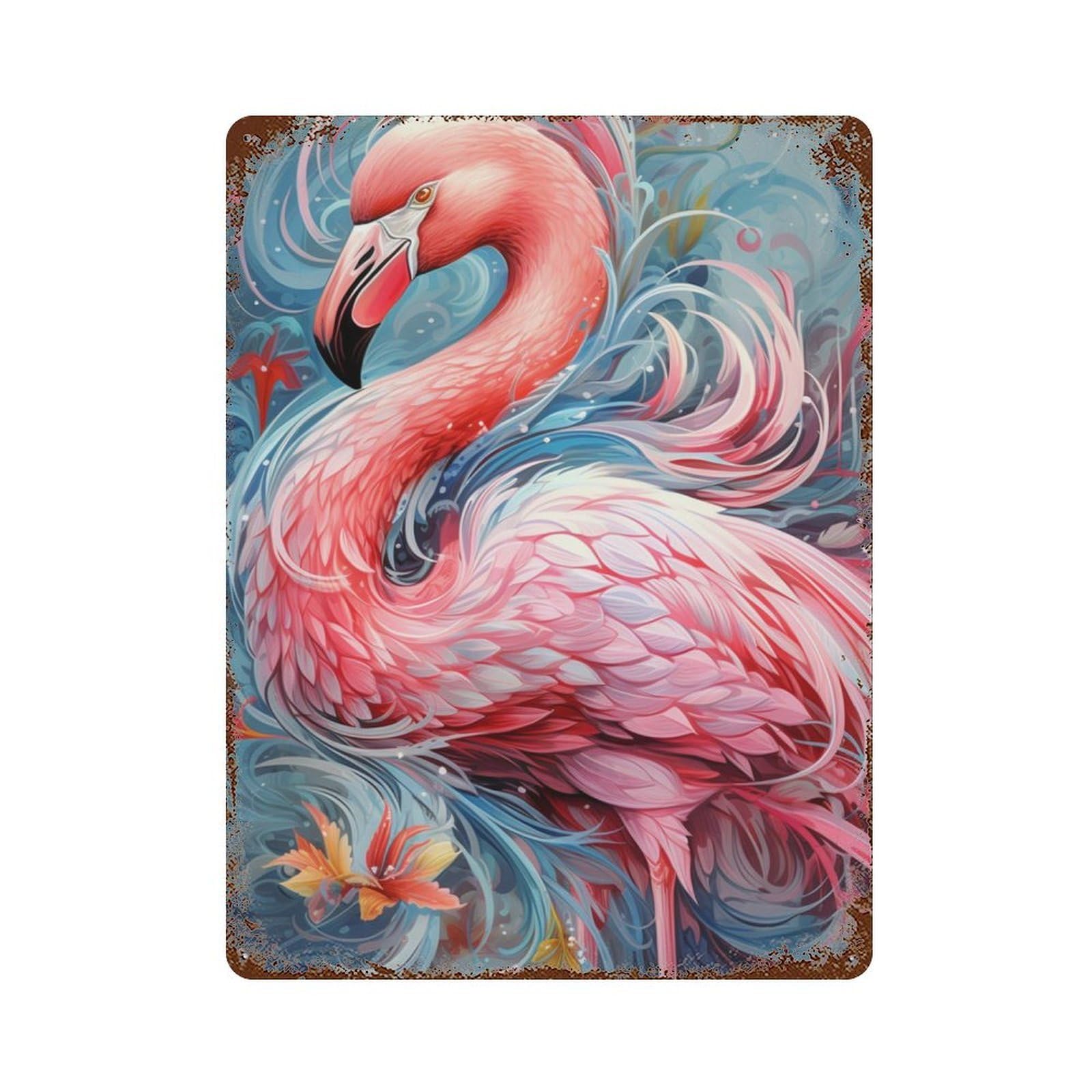 Rust Effect Flamingo Art Print Vintage Metal Tin Sign 15.7"x11.8", Farmhouse Wall Decor for Garage, Bar And Workshop Decor