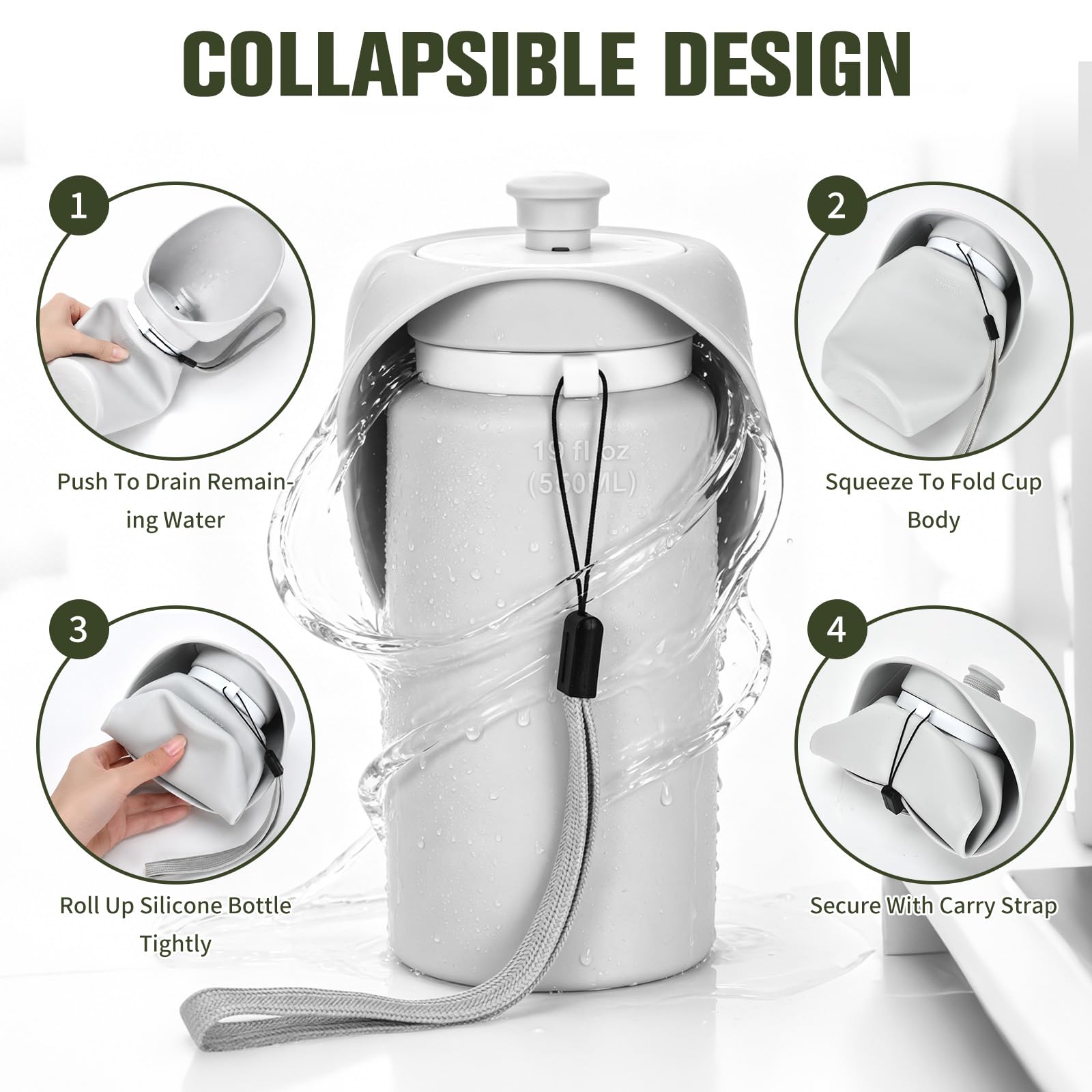 kissleaf Bouteille d'eau portable pour chien, pliable, pour promenades et | Bouteille d'eau de voyage pliable pour chien, taille 550 ml, silicone de qualité alimentaire, design Flow-Back et étanche