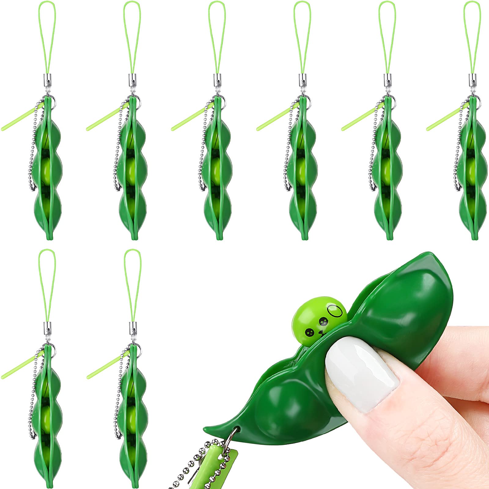 8 Pieces Squeeze Fidget Bean Toy Soybean Pea Funny Facial Expression Bean Fidget Toy Extrusion Bean Soybean Edamame Keychain Keyring for Boys, Girls, Adults Release Stress and Anxiety