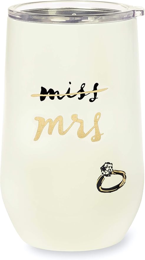 kate spade new york Insulated Bridal Stainless Steel Wine Tumbler, 16 Ounce Double Wall Tumbler for Bride to Be, Stemless Travel Cup with Lid, Miss to Mrs. (White)