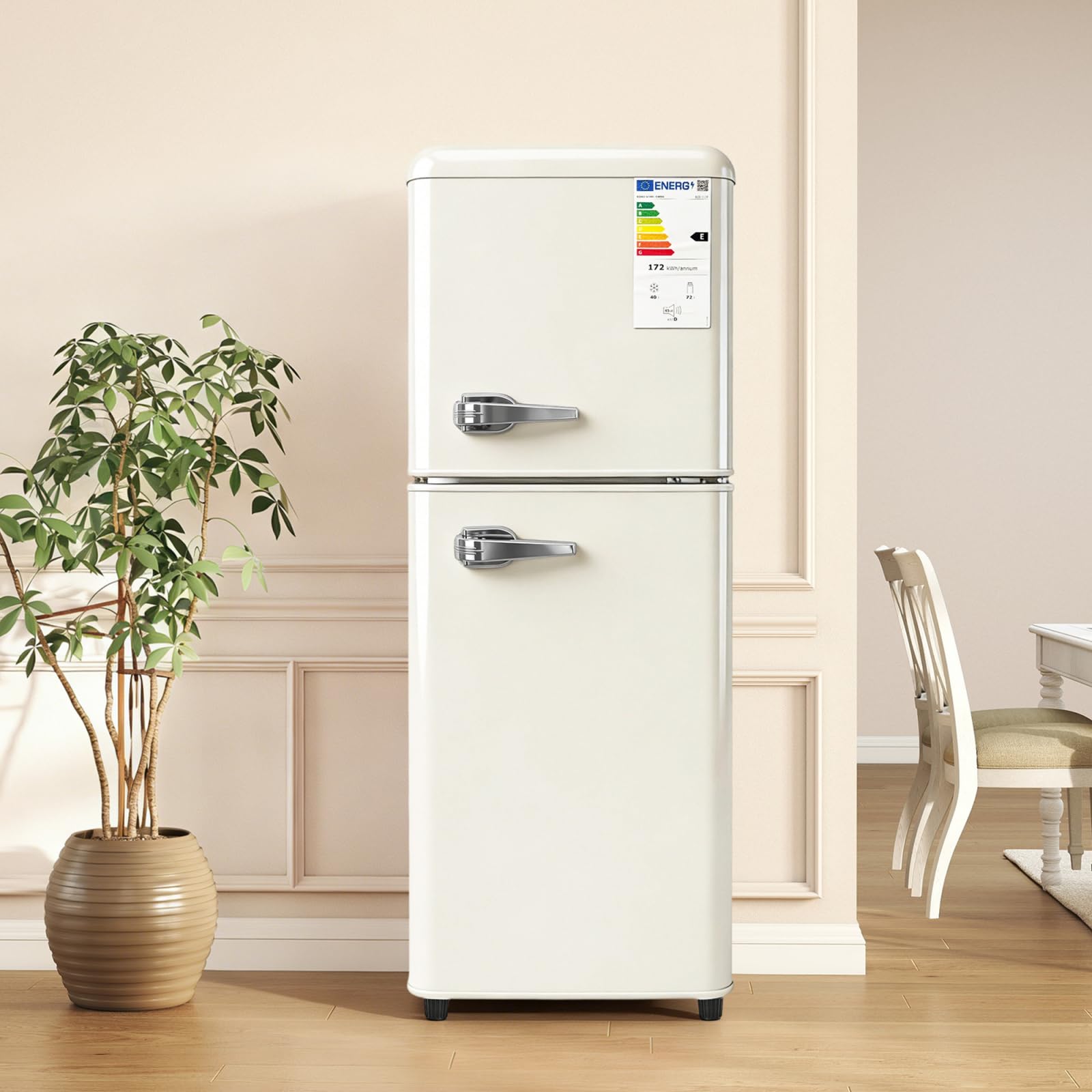 Sweiko Double door refrigerator (112 litres), 72 litre fridge compartment + 40 litre freezer compartment, 7 temperature settings, energy class E (off white)