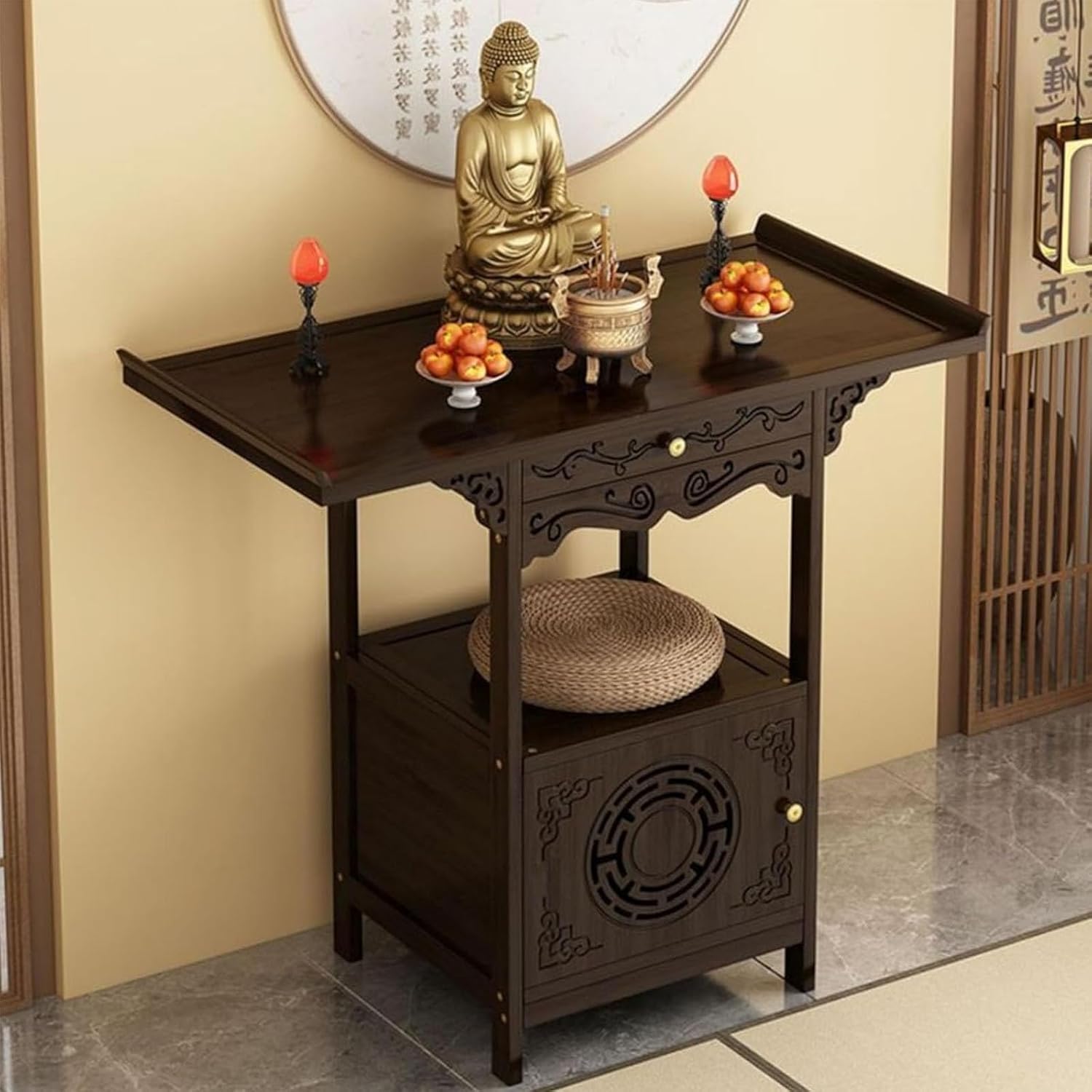 Shrine Altar Table, Prayer Offering Table with Cabinet Door,Personal Shrine Stand, Chinese Cabinet Buddhist Altar,Buddha Niche with Storage(66cm/26in)