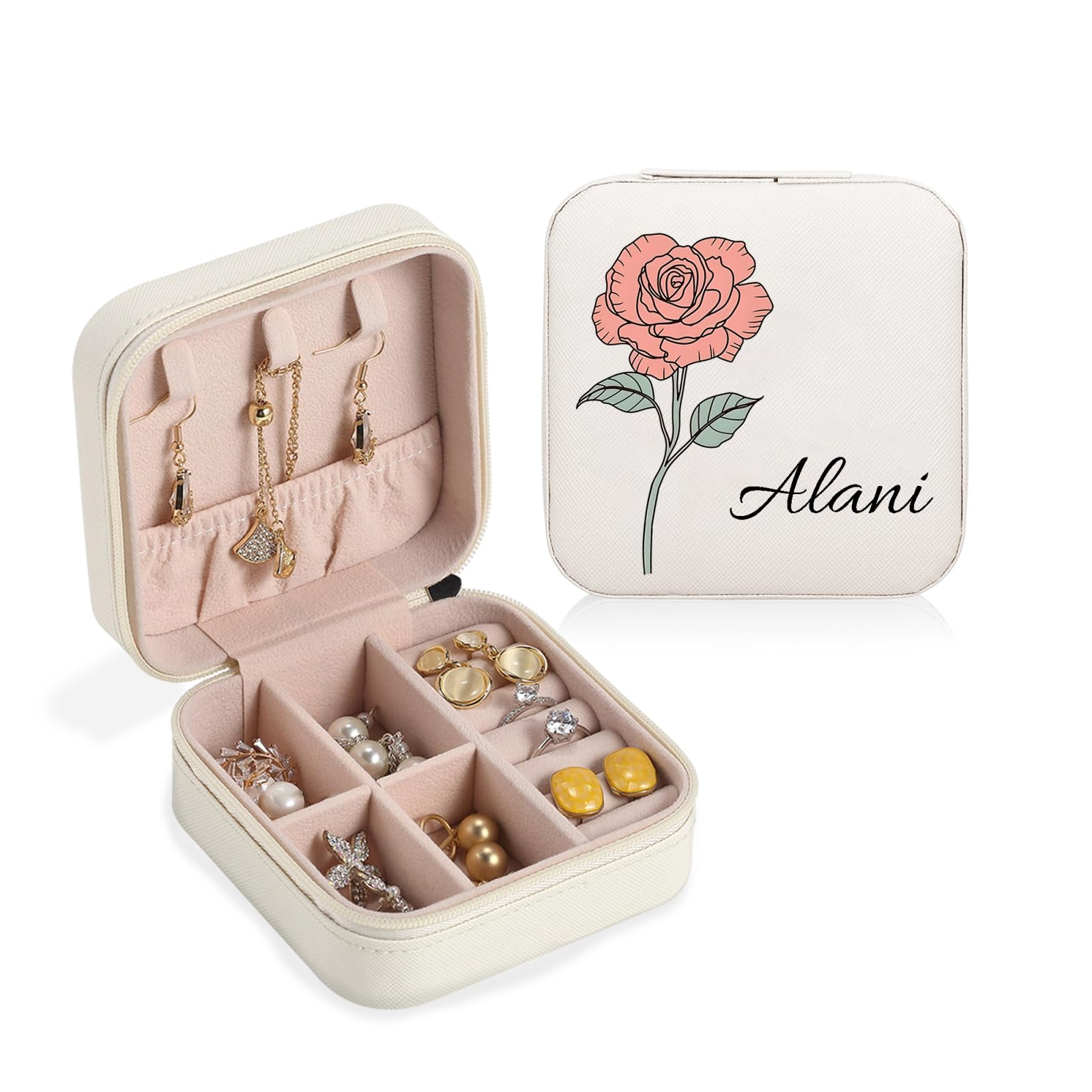 Wsedeluo Personalized Travel Jewelry Box with Name/Birth Flower Month, Custom Leather Jewelry Organizer Box for women, Birthday Gifts for Girls Girfriend Mom, Wedding Bridesmaid Proposal Case (White)
