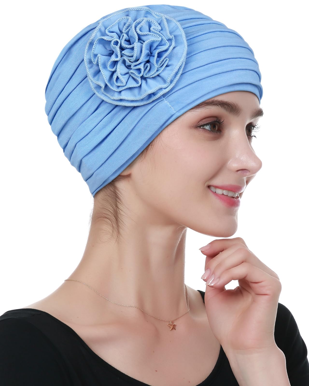 Alnorm Flower Chemo Beanie Hair Loss Hat Floral Cap Summer Blue