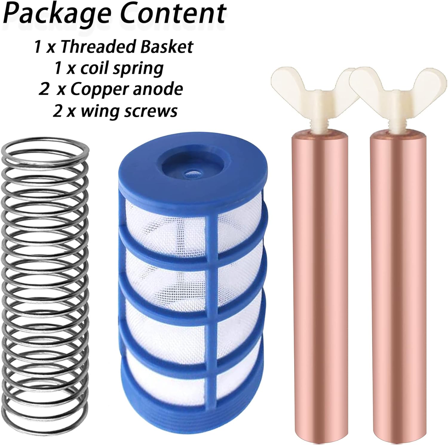 6 Pcs Copper Anode Replacement Kit Solar Pool Replacement Copper Anode,4.13 x 0.71 Inch Threaded M6,Includes Copper Anode, Threaded Basket,Spring,Wing Screw