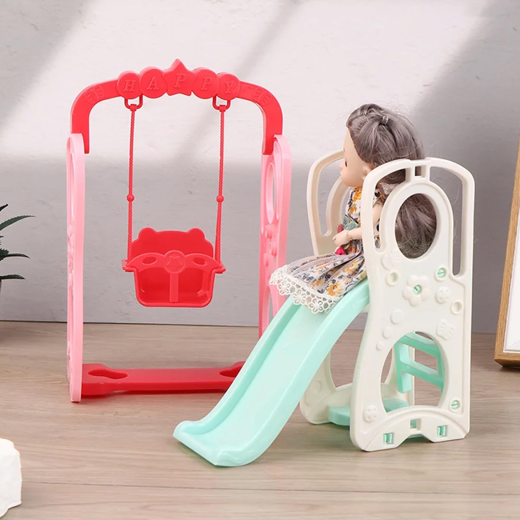 Columpio de muñeca con tobogán 2 unids/Set, Lindos Accesorios realistas para casa de muñecas, Divertido Juguete de Columpio en Miniatura para niños