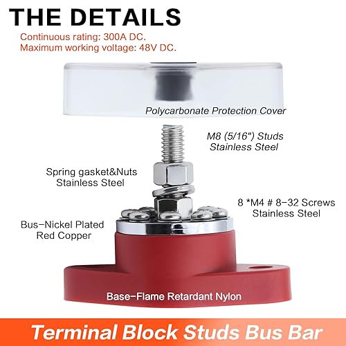Miniatura 2 de AMOMD 2 piezas 300A barra de autobús resistente M8 Tornillos 8X#8-32 para batería positiva negativa Power Junction Post Buss Bar Kit en rojo y negro