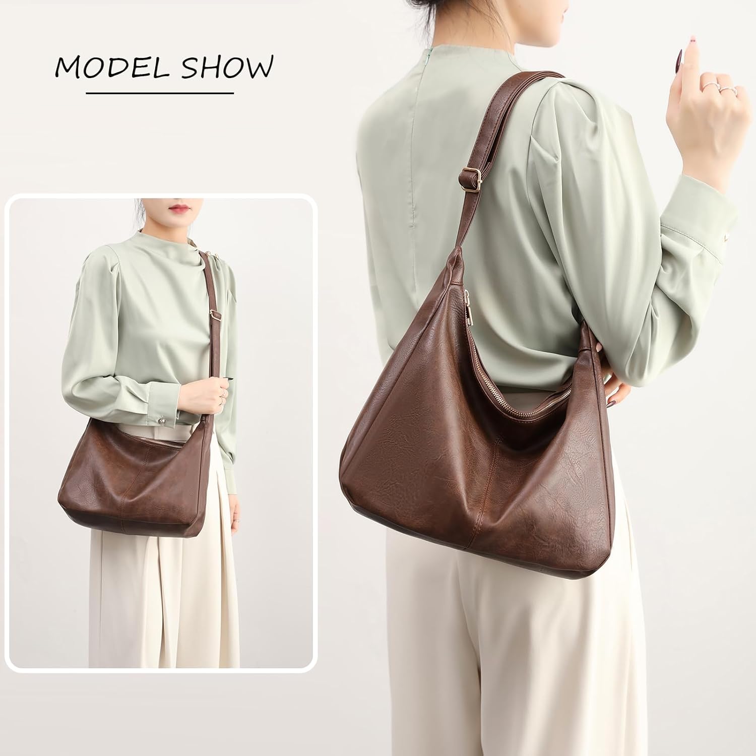 NIUEIMEE ZHOU Hobo Bags for Women Foldable Vegan Leather Shoulder Handbag Slouchy Tote Crossbody Purses - Image 2