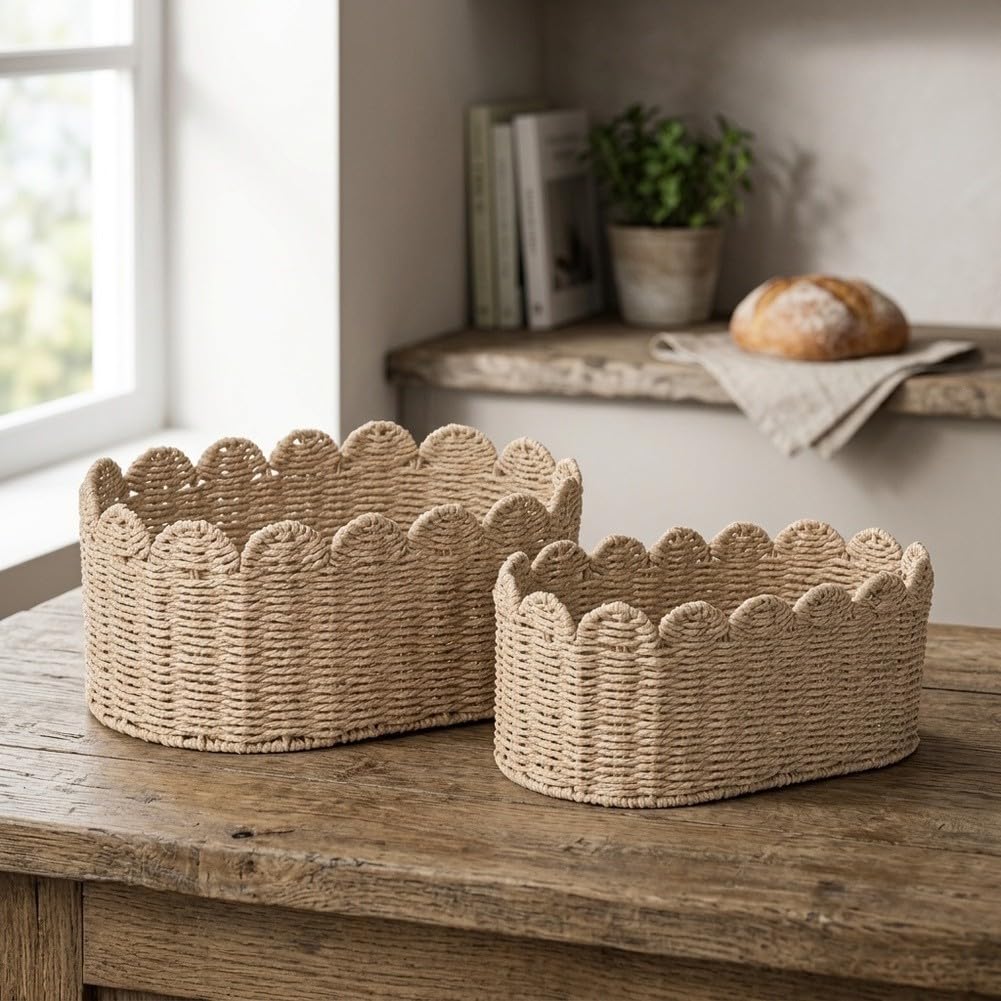 Fauhapyway Rattan-Aufbewahrungskorb, handgewebt, gewellter Rand, groß, 2
