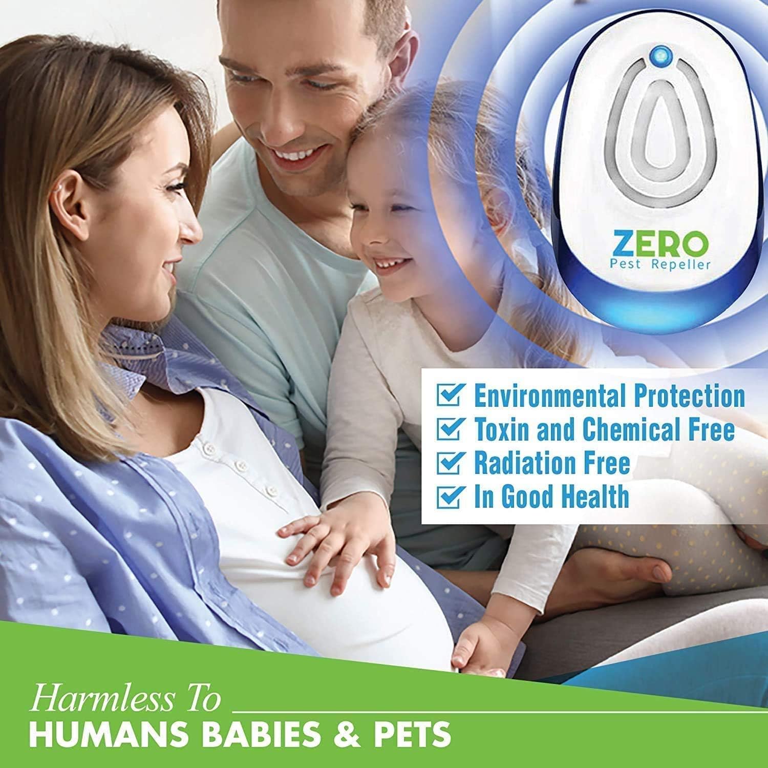 A family with a baby, with text indicating the product is harmless to humans, babies, and pets.