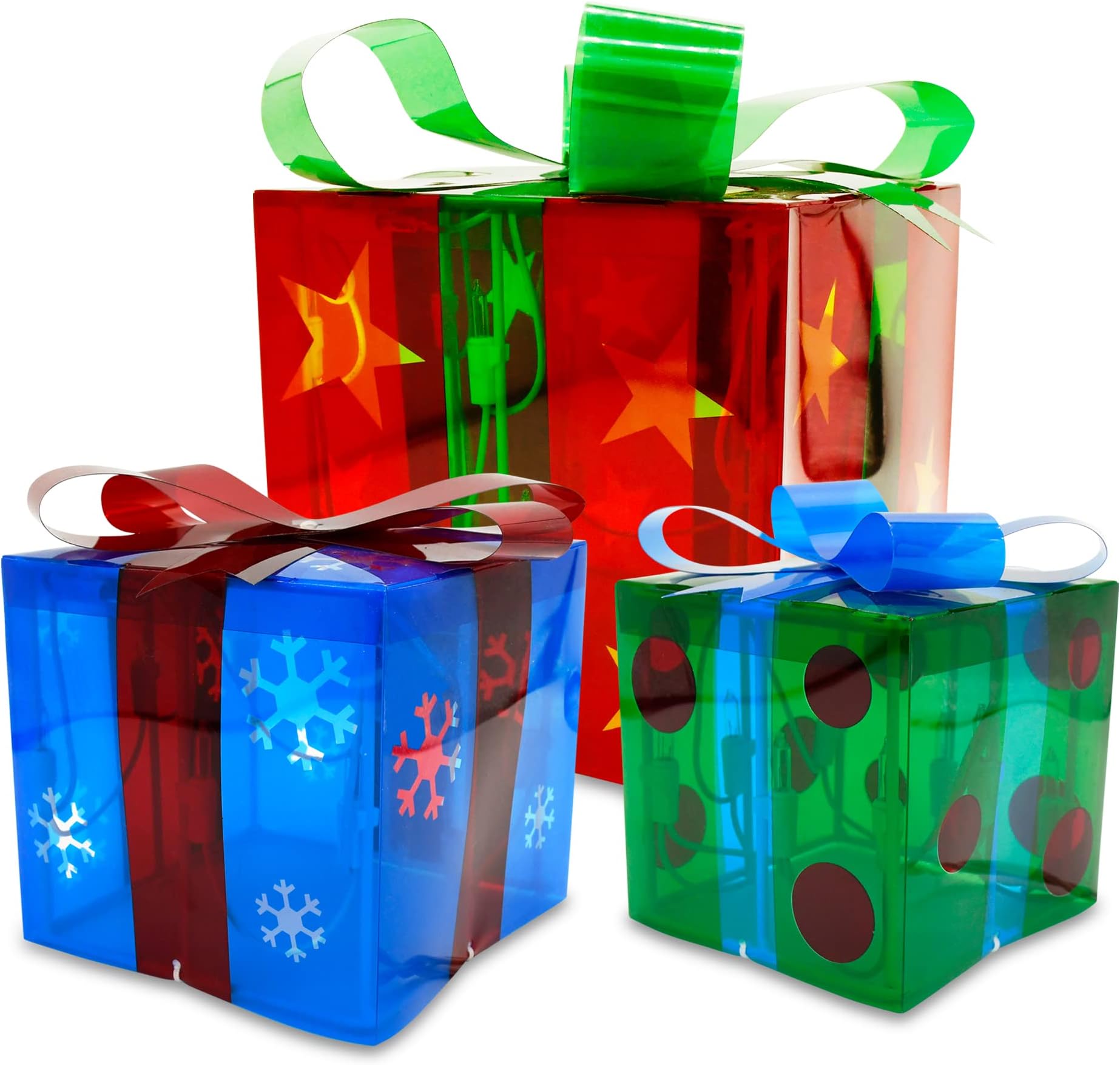 ATDAWN Set of 3 Lighted Gift Boxes Christmas Decorations, Snowflake Present Boxes