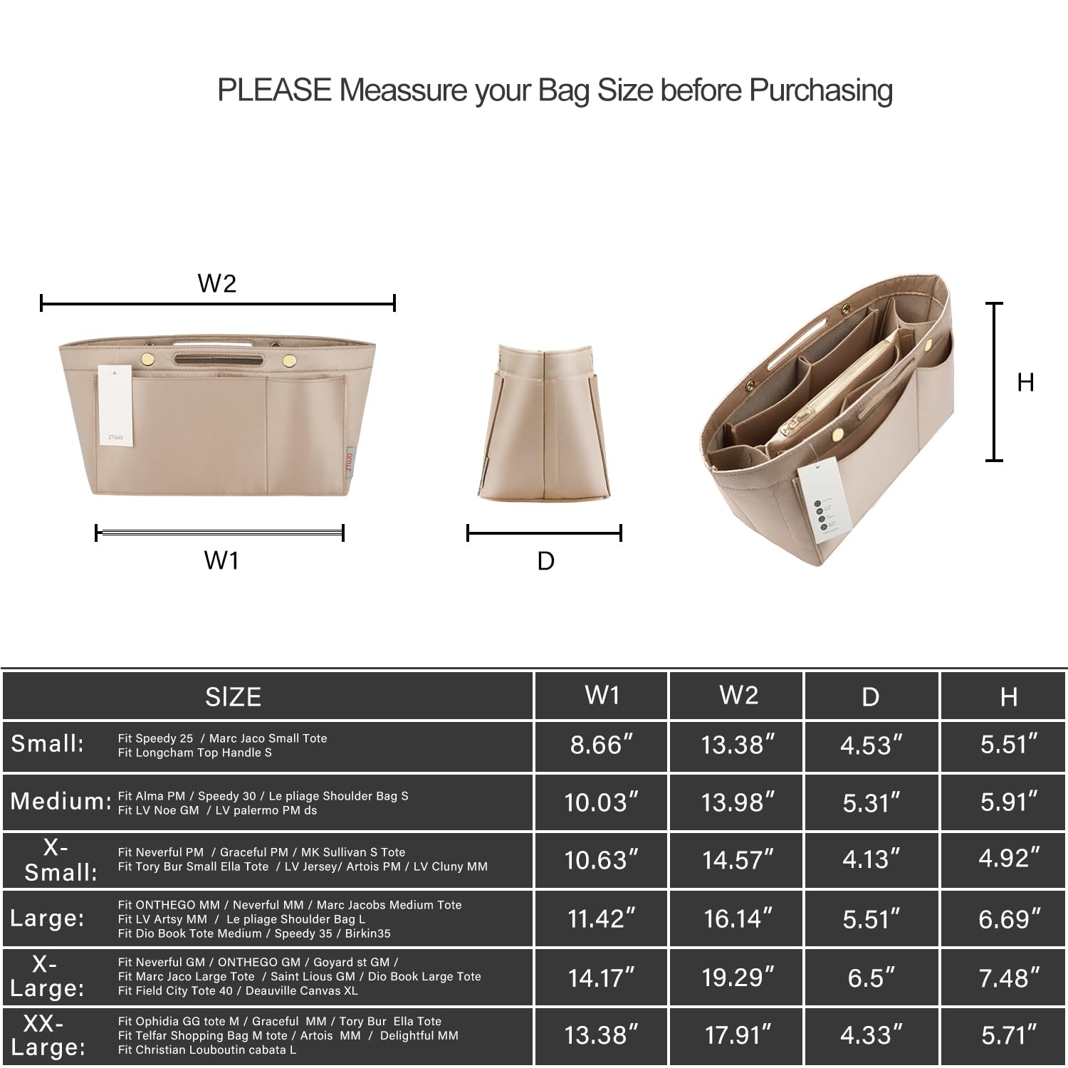 ZTUJO Organizador de monedero para bolsos, organizador de bolsas sedosas con 2 cremalleras para Speedy Neverful Tote y más (beige, grande)