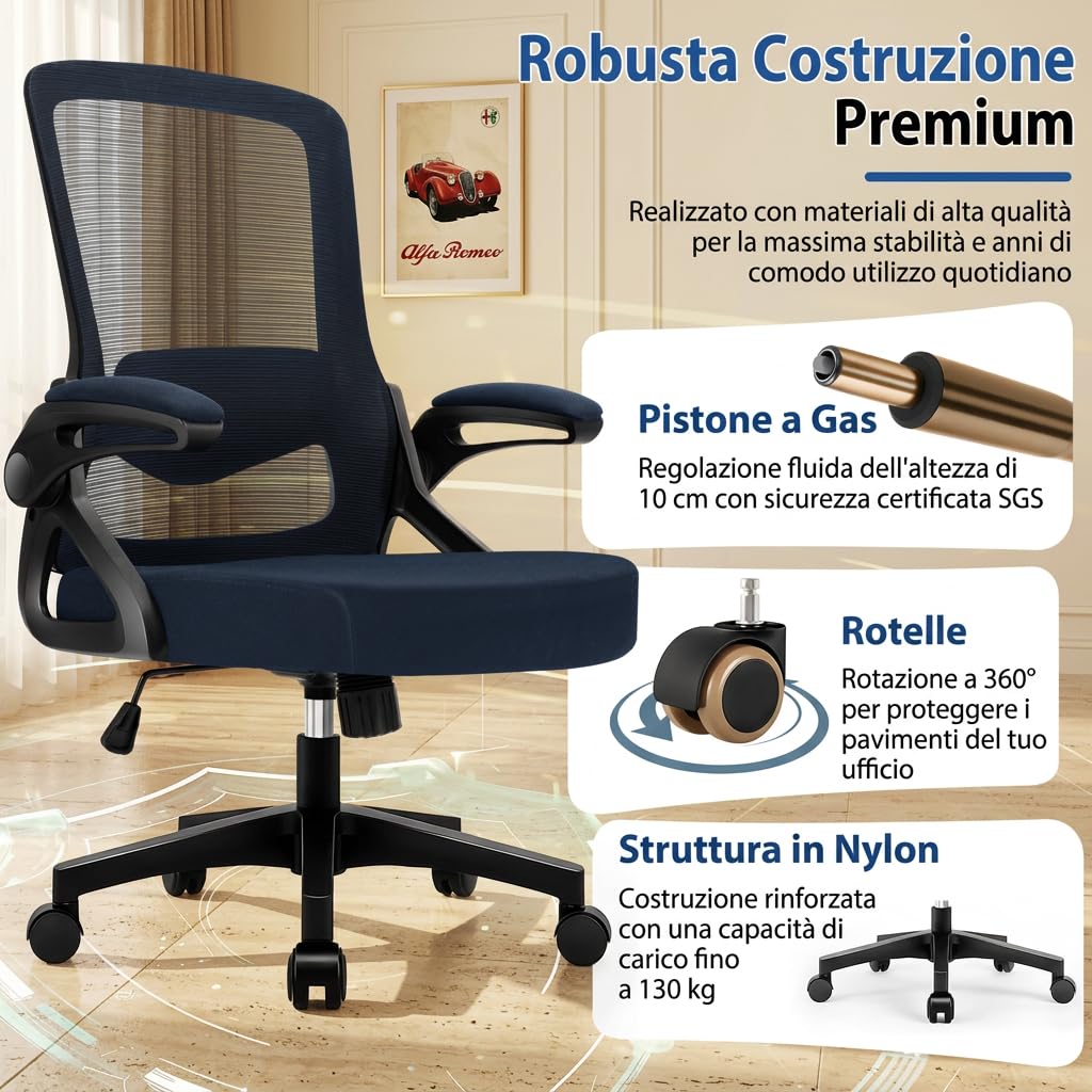 Sedia Ufficio Ergonomica, Sedia da Scrivania in Rete con Supporto Lombare 4D, Braccioli Ribaltabili 90°, Schienale Alto, Altezza Regolabile, Basculante 90°-125°, Portata 130 kg