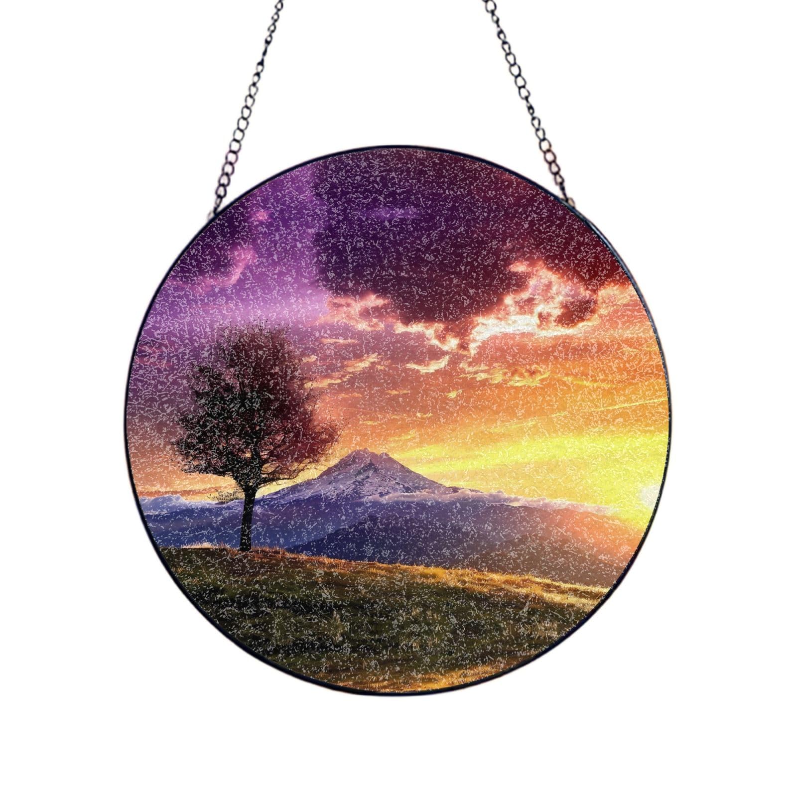 Phayah Sunset Landscape Print Glass Window Hanging Round Suncatcher Glass Ornament Garden Wall Fence Decorations Indoor Outdoor 6in（15cm）
