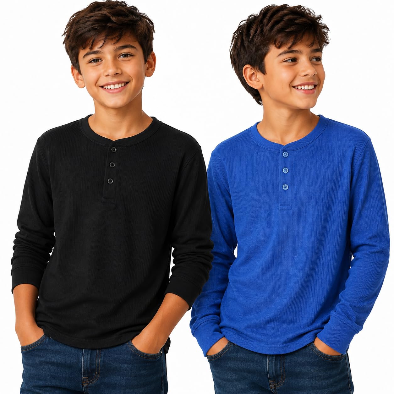 Quad Seven Camicia da ragazzo – Confezione da 2 magliette termiche a nido d'ape con scollo a V o Henley a maniche lunghe – camicia strato base per ragazzi (8-18)