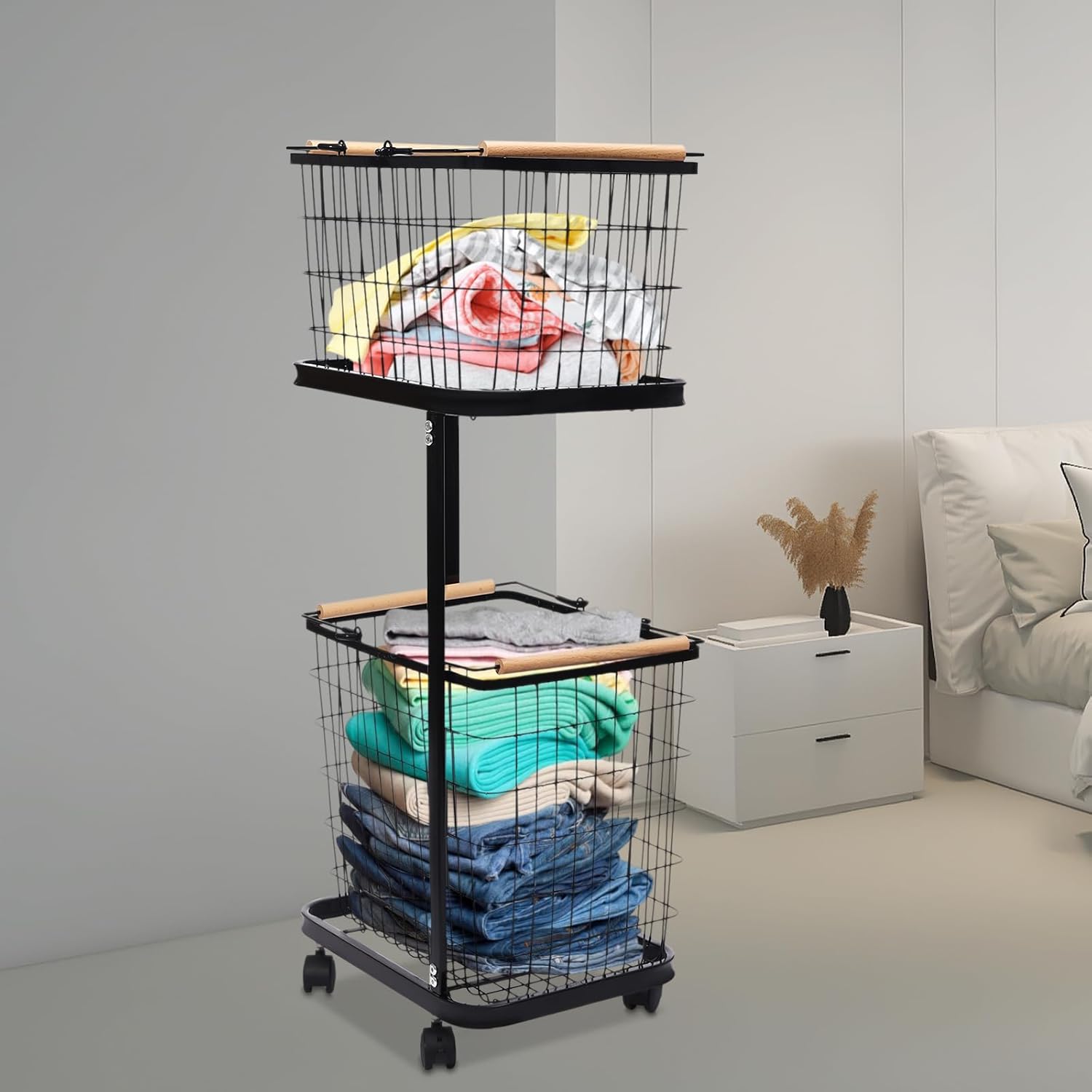 Laundry Hamper, 2 Tiers Laundry Sorter,Vertical Rolling Laundry Cart,with 4 Universal Wheels,with 2 Pull-Out and Removable Shelf, Clothes Hamper with Divided Bag for Laundry Room,Bathroom, Dorm