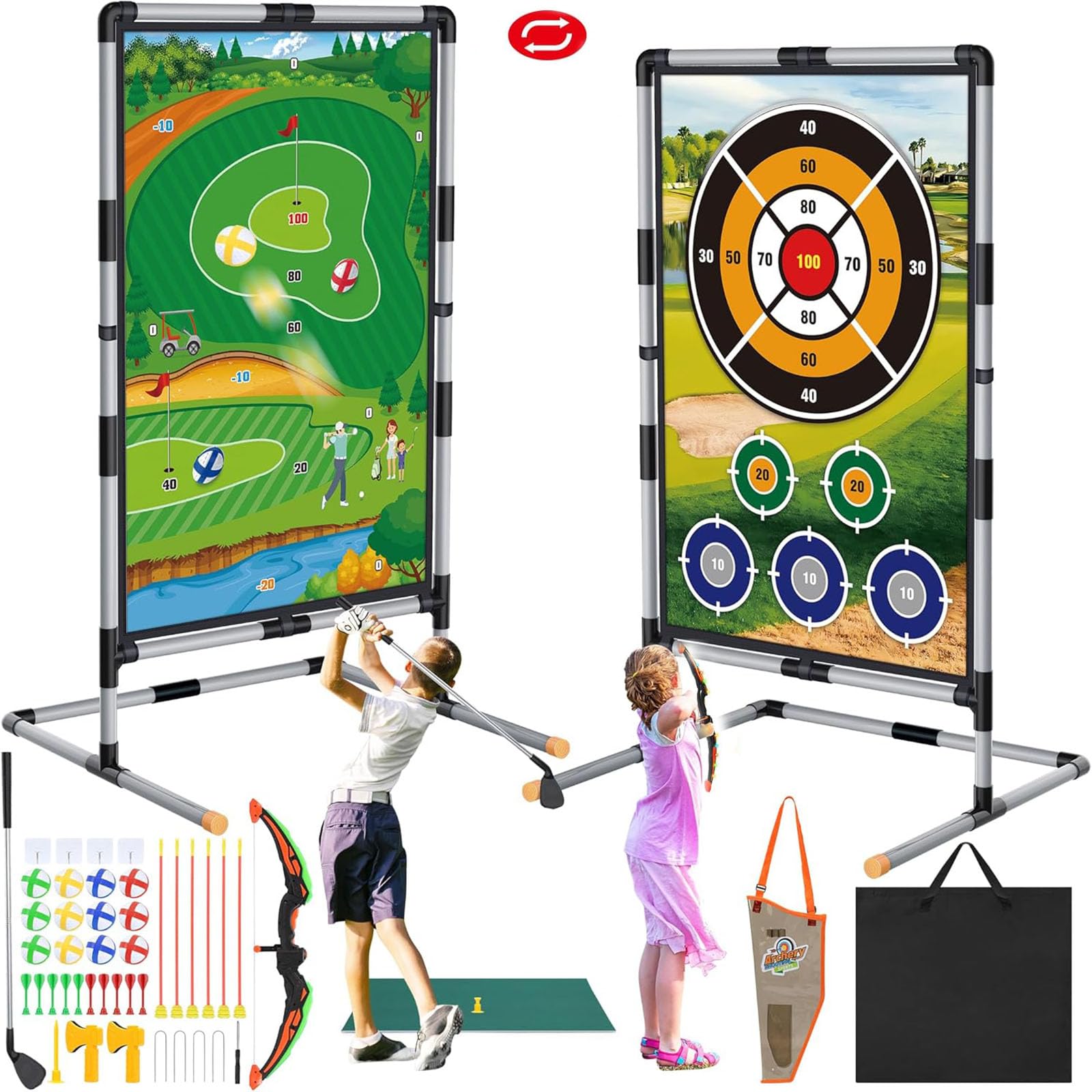 BEFYUS Golf Game Mat Set - 5 in1 Bow and Arrow Games for Home Kids Adults,Indoor and Outdoor Golf Toys Birthday Gift for Men Women Boys Girls,with Sticky Ball&Darts