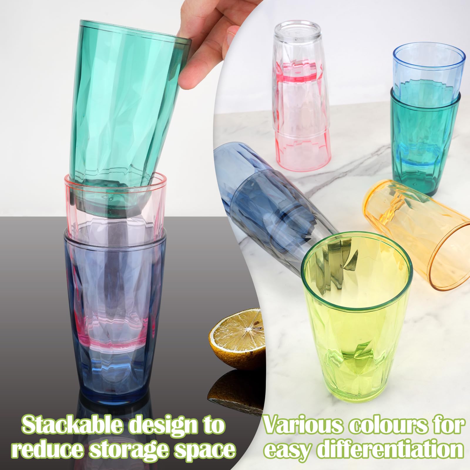 Zestaw 8 szklaneczek, 470 ml, szklanki do picia, kolorowe plastikowe kubki w 8 kolorach, kubeczek dla dzieci, niełamliwe, stosunkowe plastikowe szklanki do soku na kemping, imprezy