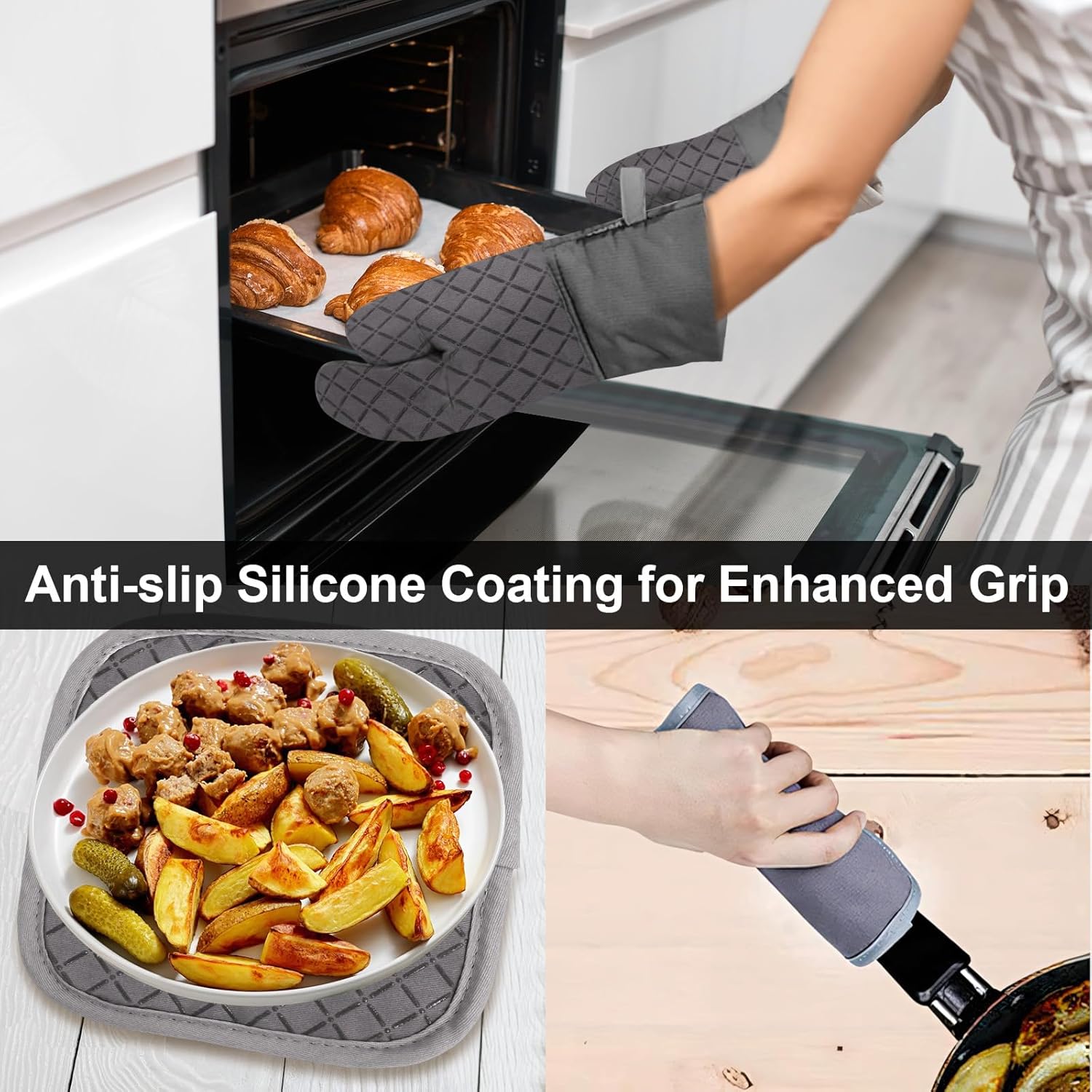 Oven Mitts and Pot Holders 8pcs Set, Cotton Oven Glove with Non-Slip Silicone Surface, Machine Washable Pot Holders, Extra Long Oven mits, Heat Resistant 500 °F, for Cooking, Grilling, Baking - Image 5