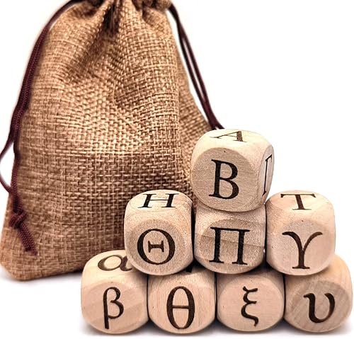 Juego de dados de madera del alfabeto griego, 24 letras griegas talladas, cubos rodantes para juegos de fiesta de enseñanza (minúscula+mayúscula, 8 disponible en Yaxa Colombia