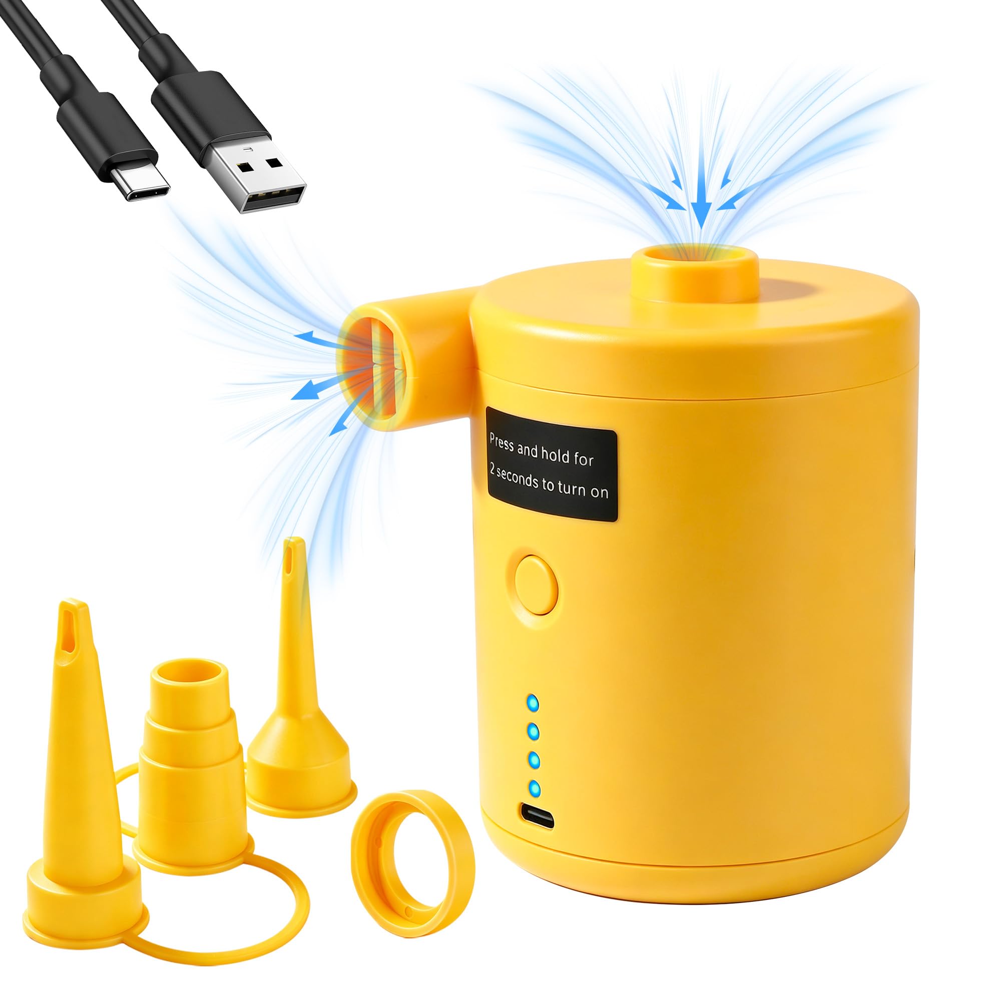 Electric Air Pump for Inflatables, Electric Pump with Fast Inflating/Deflating, 4000mAh Battery Blow Up Bed Pump with 4 Nozzles for Paddling Pool, Airbed, Mattress,Swimming Pool(Yellow)