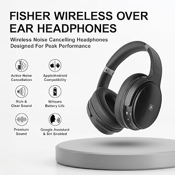 Fisher Pro Active Noise Cancelling Headphones, Over Ear Headphones Wireless Bluetooth 5.3, Microphone, Lightweight Comfortable Headset for Home, Travel, Rechargeable Workout Headphones, Deep Base