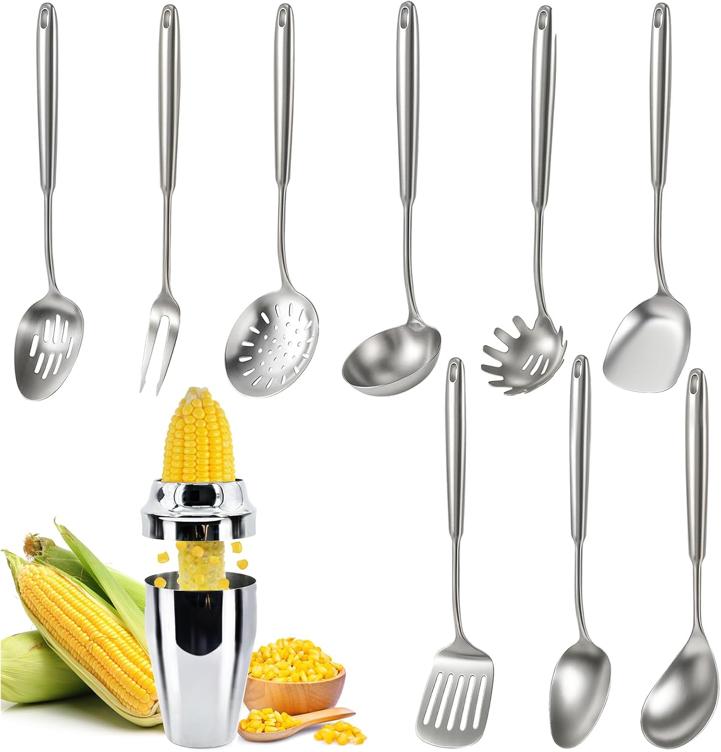 Newness 9 Pcs Cooking Utensils Set and Corn Stripper Peeler, 304 Stainless Steel Kitchen Utensils Set, Metal Kitchen Accessories, Include Soup Ladle, Slotted Skimmer Spoon, Spaghetti Spoon and Spatula