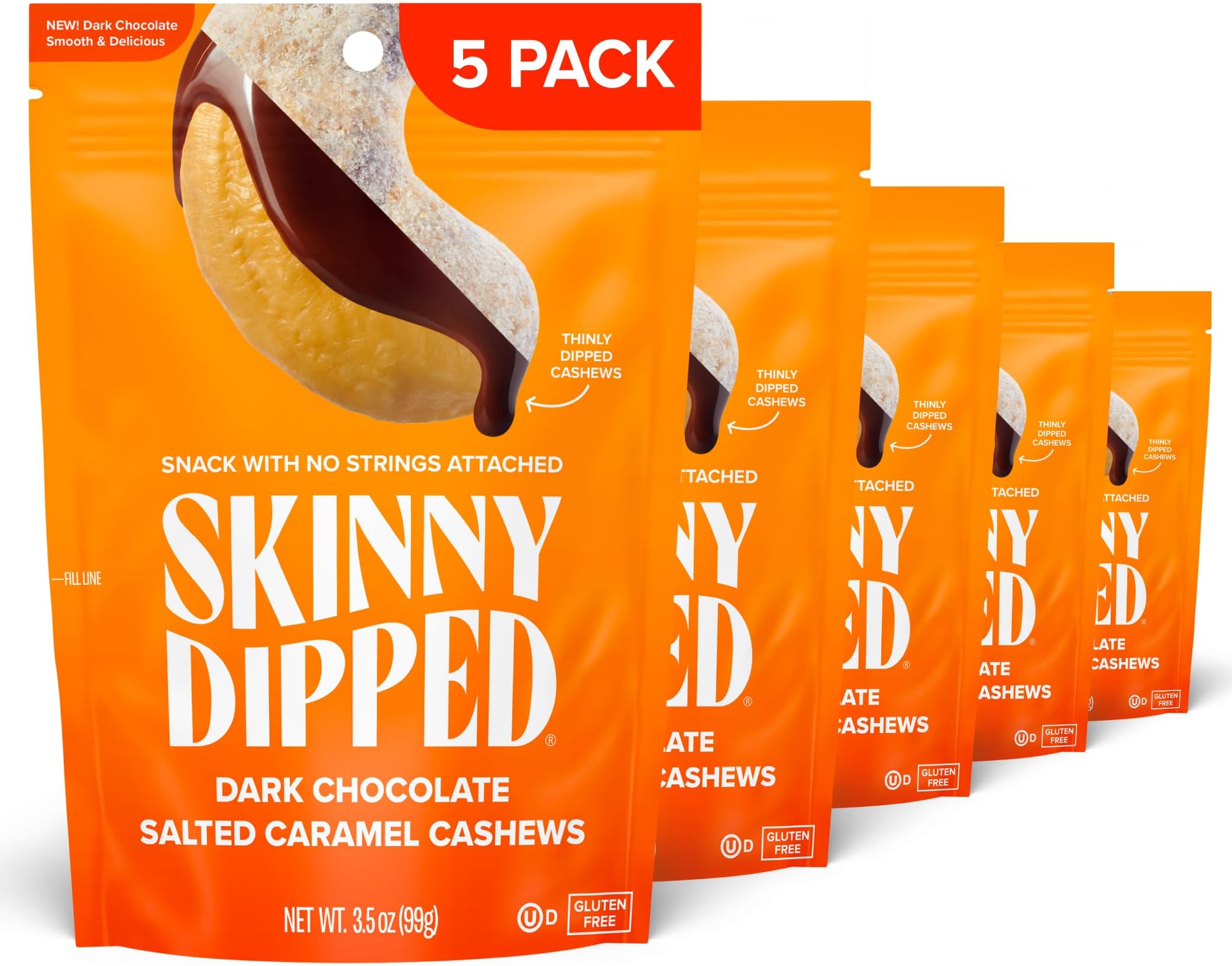 SkinnyDipped Salted Caramel Cashews, Healthy Snack, Plant Protein, Gluten Free, 3.5oz Resealable Bags, Pack of 5
