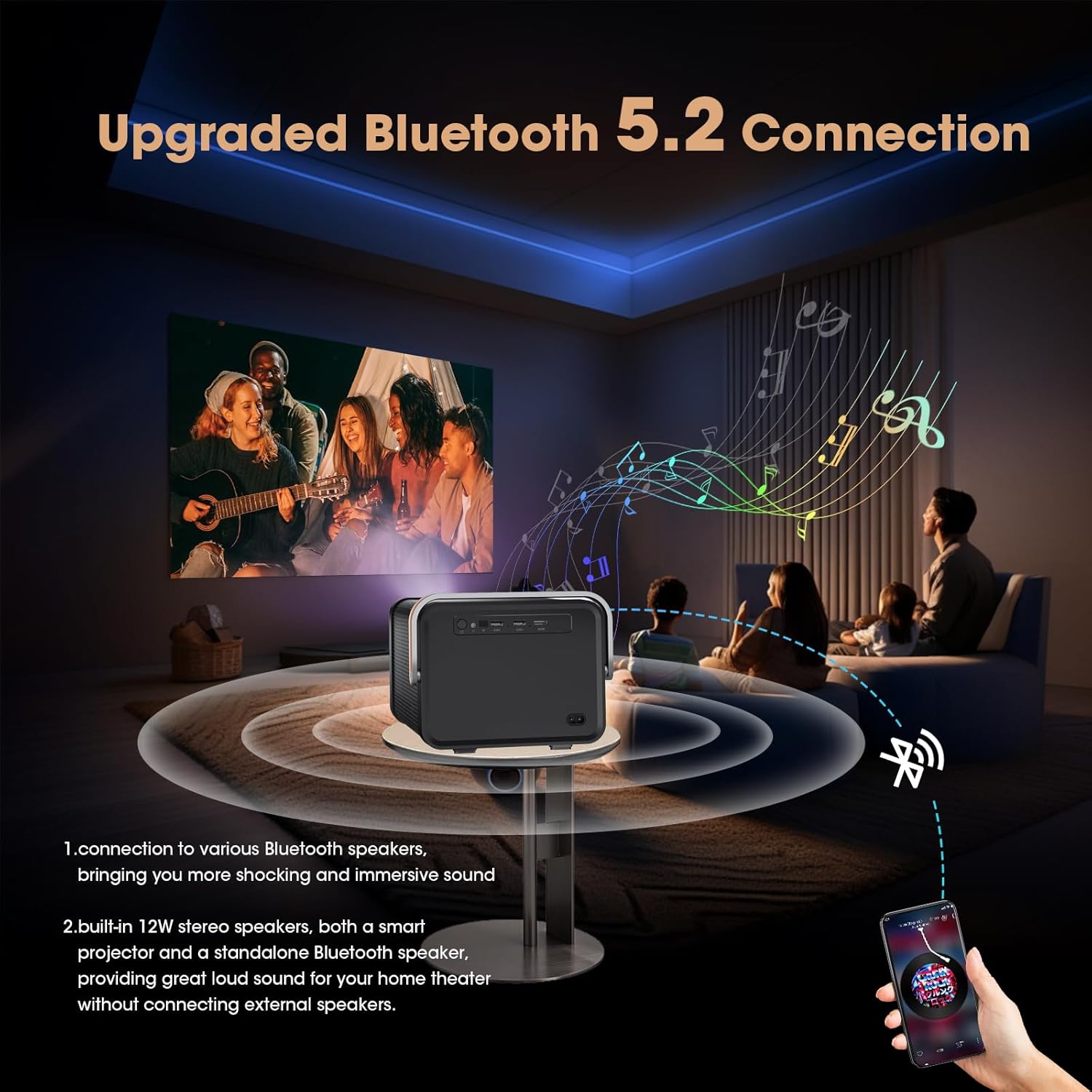 Image showing the projector connected via Bluetooth to external speakers, with people enjoying a movie.