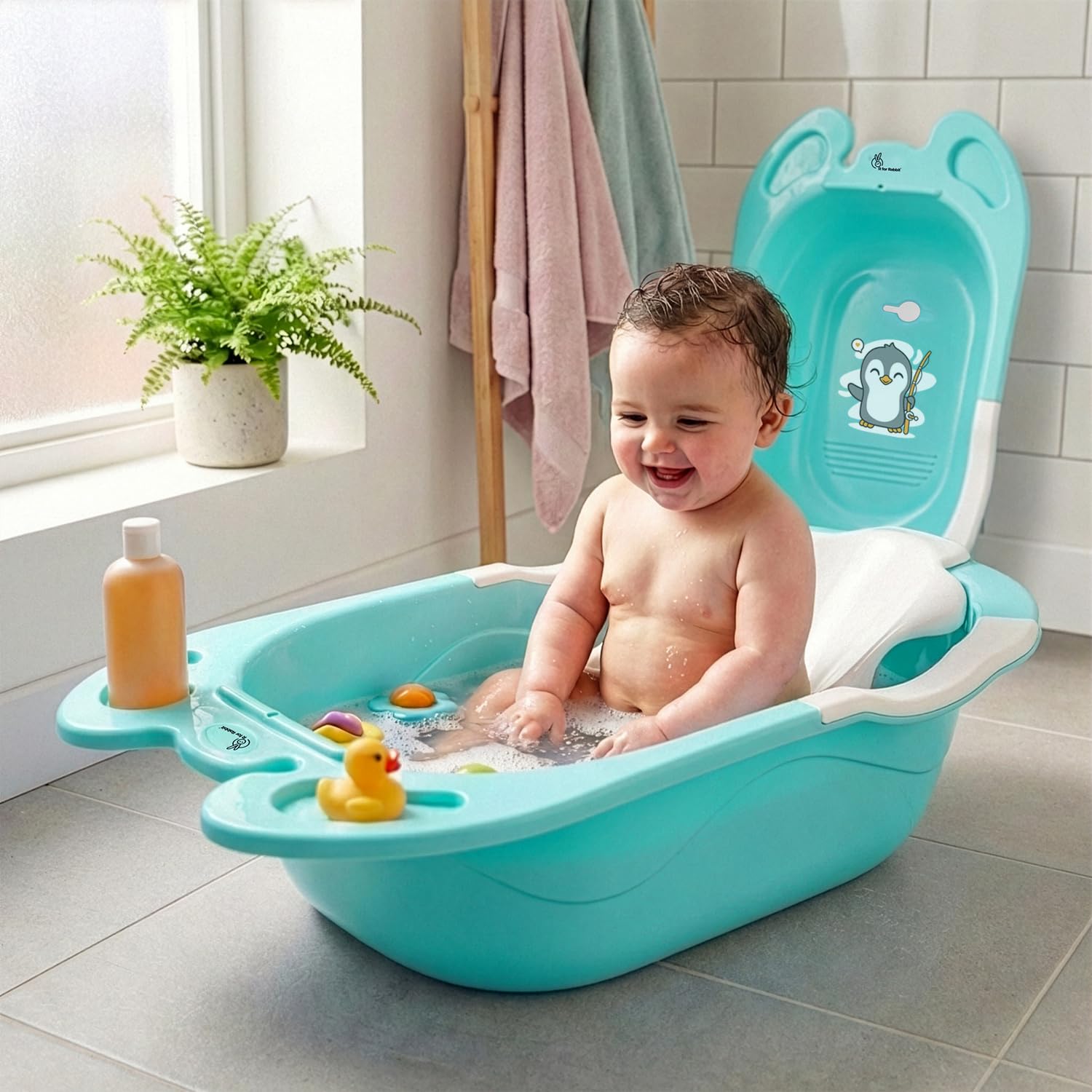 R for Rabbit Bubble Double Snowy Baby Bath Tub, Ergonomic Sling Support, Easy Drainage, Safe & Smooth Edges 0-3 Years Kids Girls & Boys Bather Bathtub for Shower Weight Capacity 15Kgs (Green White)-image-12