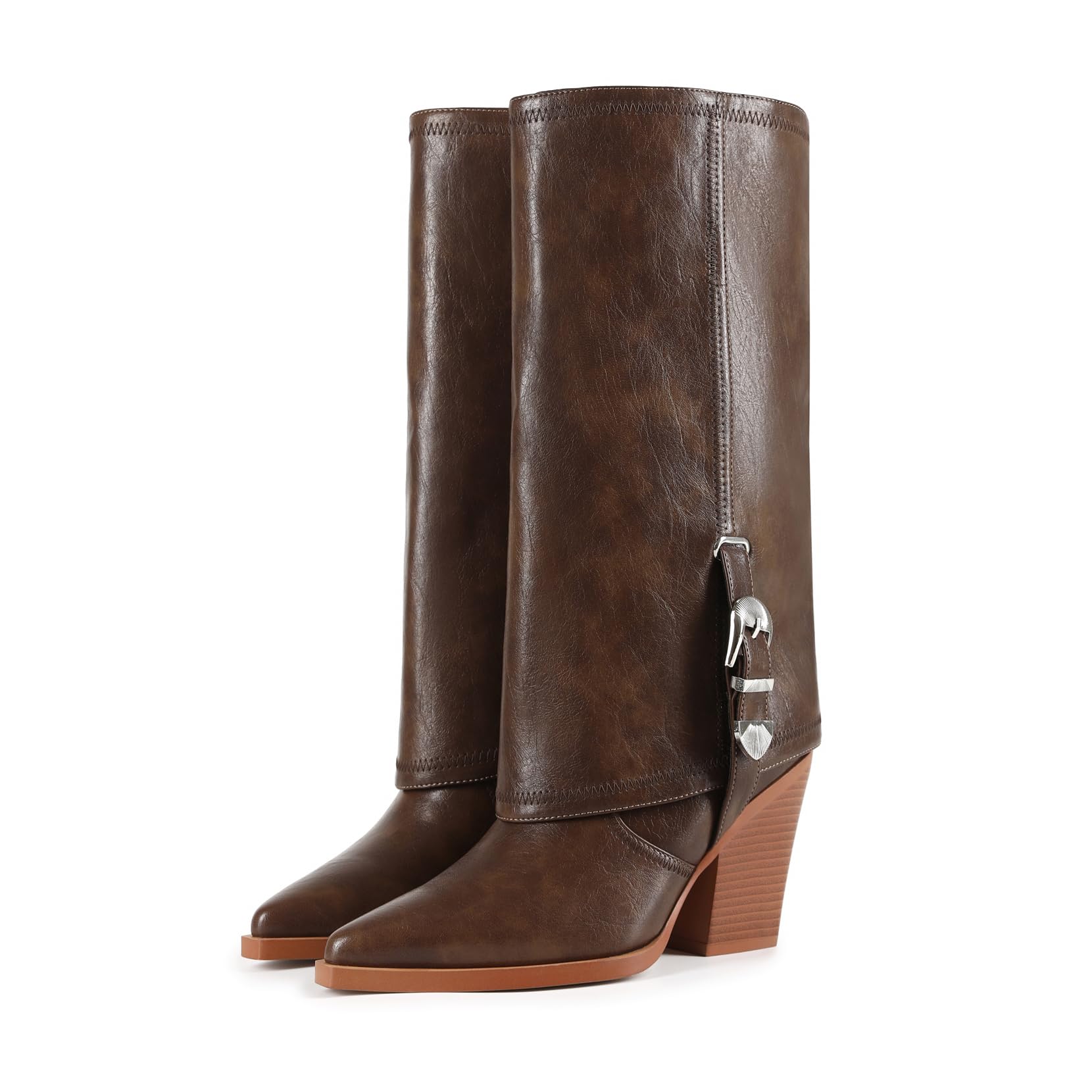 Womens Knee High Boots Pointed Toe Chunky Heel 9CM Mid Calf Boots With Buckle Decoration Fashion Leather Boots