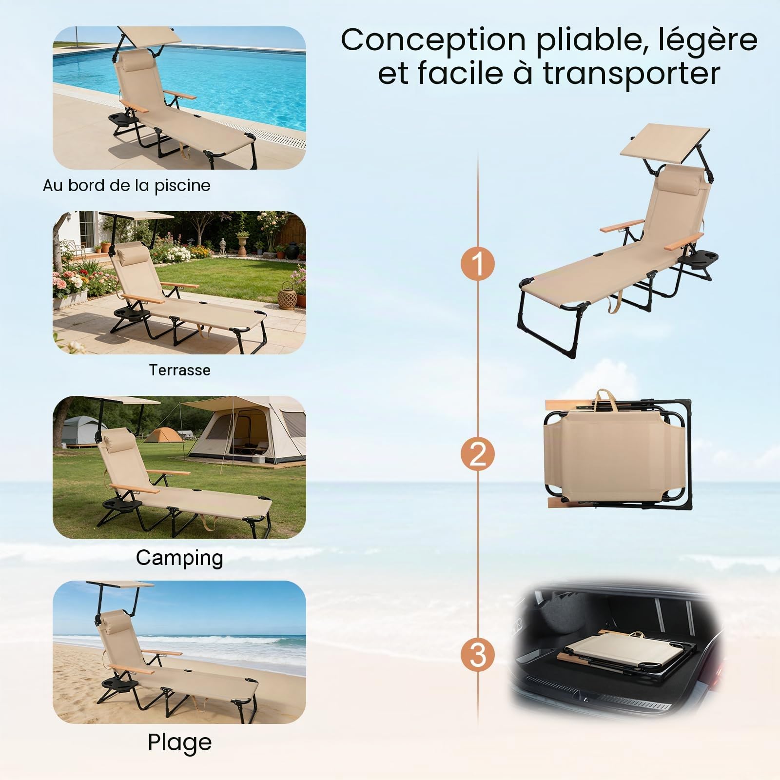 Chaise Longue Pliable Inclinable 4 Positions Transat, Charge Max 150KG, Transat Pliant Légère et Pliable, Fauteuil Relax Jardin pour Jardin Terrasse Piscine Plage Camping (Beige avec auvent)