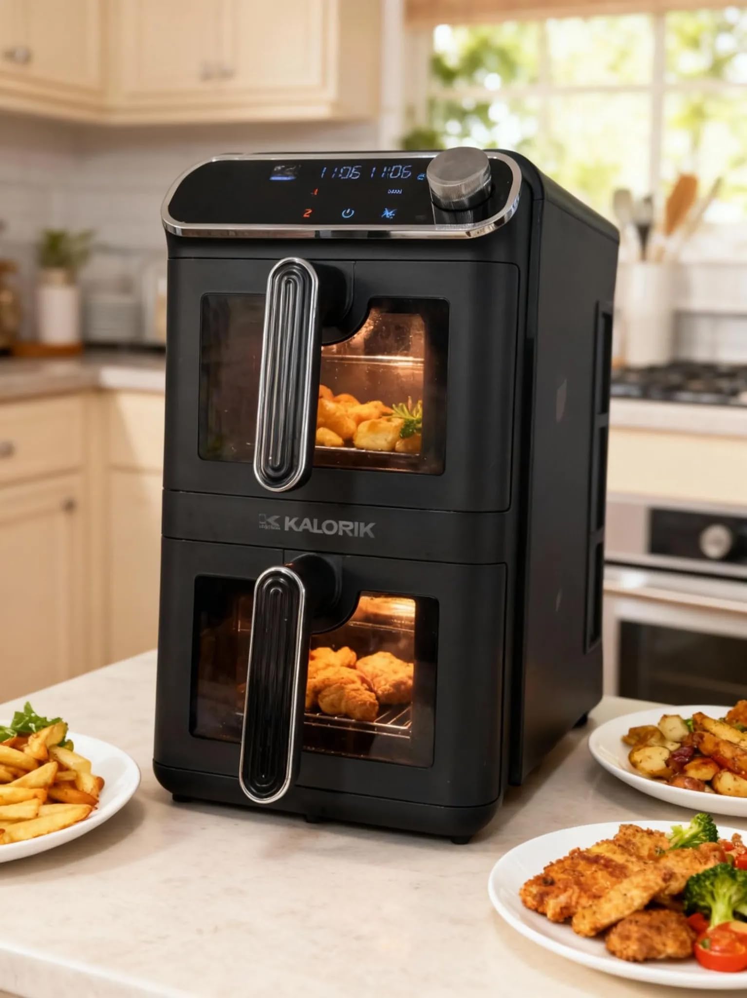 KALORIK AFT3200 frytkownica beztłuszczowa, pionowa XXL frytkownica na gorące powietrze, dwukomorowa wieża 11 l, 2260 W, AIR FRYER z 2 rusztami do smażenia, 9 automatycznych programów, wyświetlacz LCD