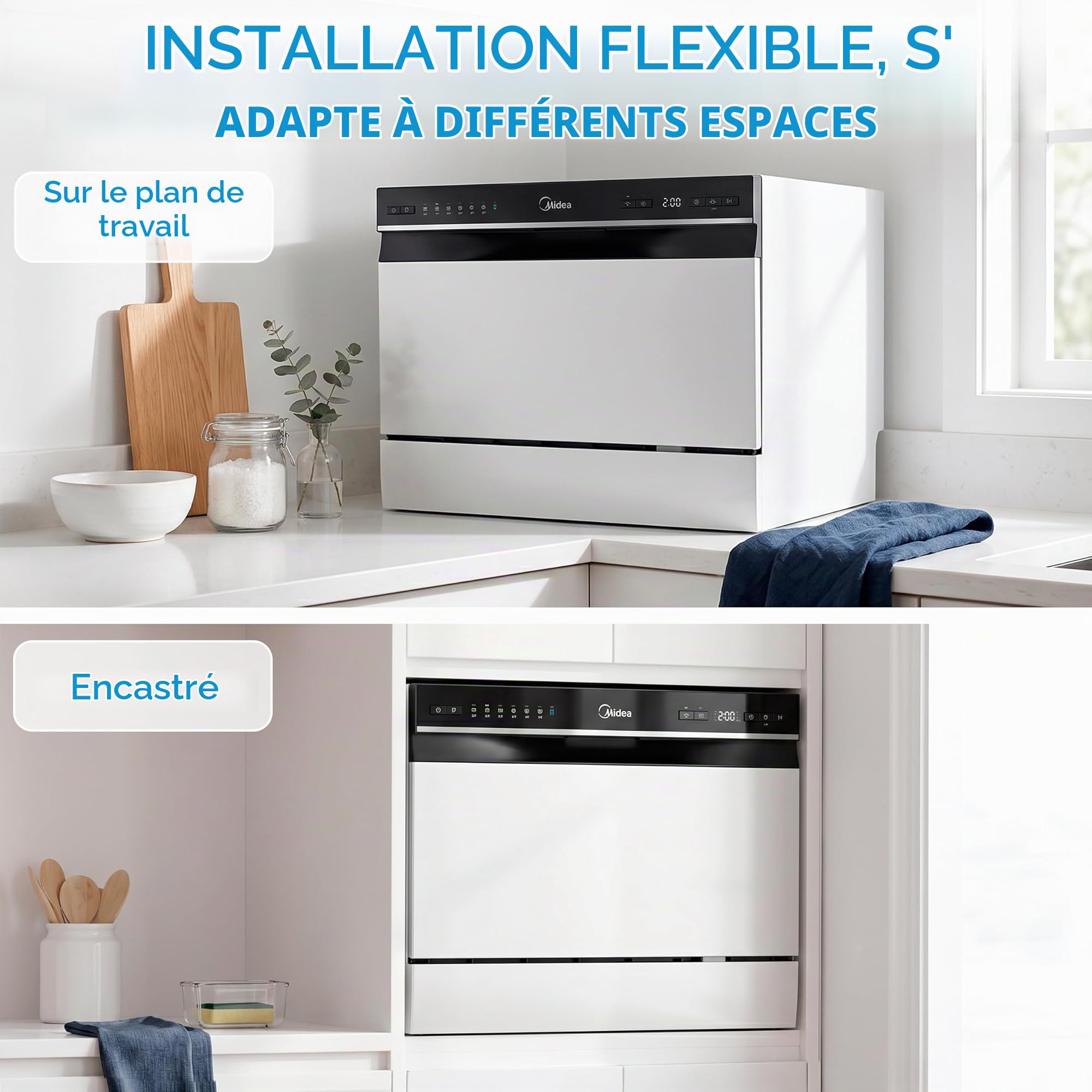 Midea Petit Lave-Vaisselle Blanc 55cm 6 Personnes Compact et Portable Sans Installation Lave-Vaisselle avec App Control 6 Programmes Filtre Antibactérien 49dB Nouveau Modèle