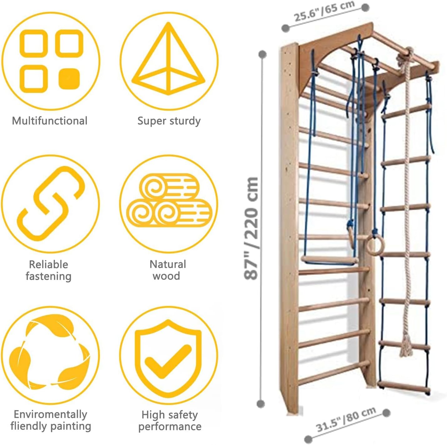 Wooden Swedish Ladder - Stall Bars Set for Physical Therapy & Gymnastics with Swing Set and Adjustable Pull-up bar - Sport Complex (KM-2)
